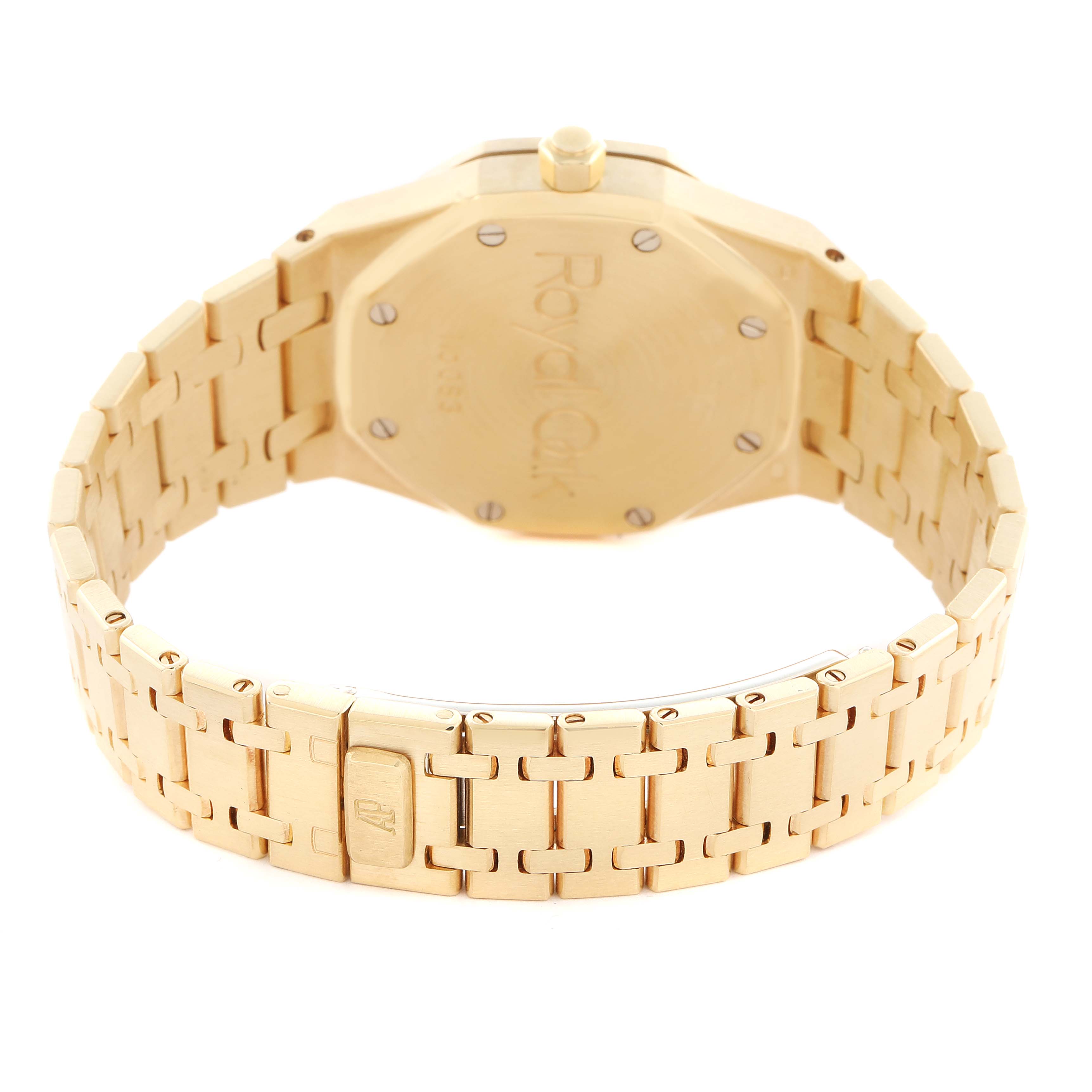 The Audemars Piguet Royal Oak 25730BA Men
s Yellow Gold Beige Dial 25730BA Men
s Yellow Gold Beige Dial watch is shown from the back, highlighting the case back, bracelet, and clasp.