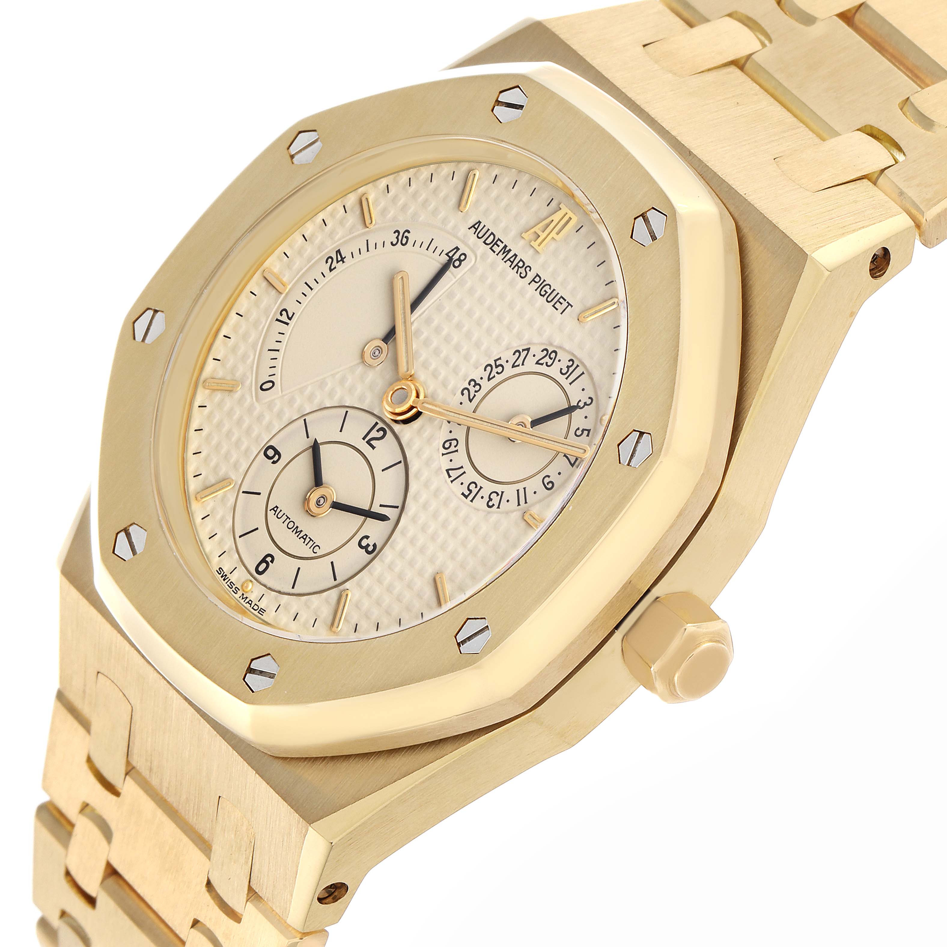 The Audemars Piguet Royal Oak 25730BA Men
s Yellow Gold Beige Dial 25730BA Men
s Yellow Gold Beige Dial watch is shown at a three-quarter angle, highlighting the dial, bezel, crown, and part of the bracelet.