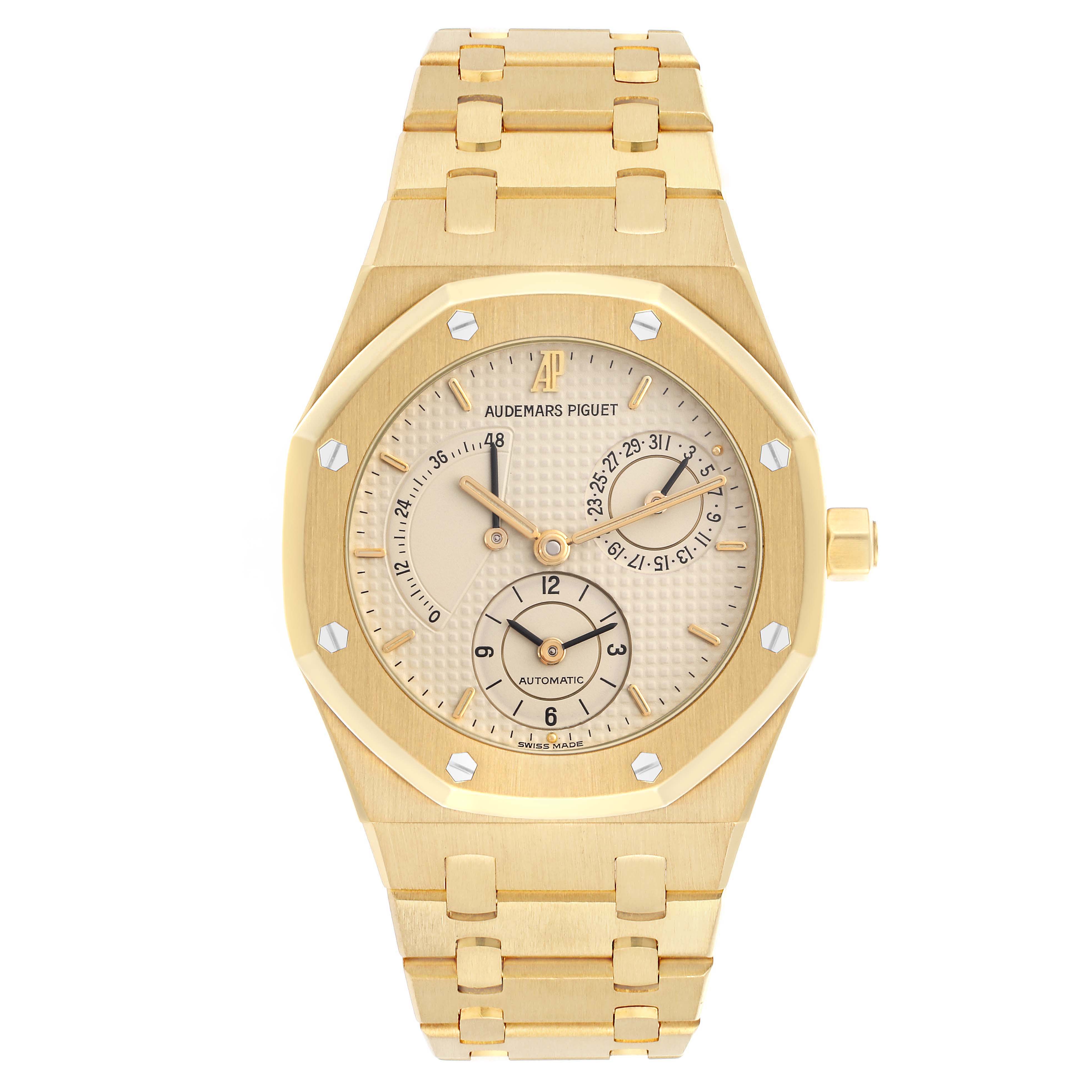 The image shows a frontal view of the Audemars Piguet Royal Oak 25730BA Men
s Yellow Gold Beige Dial 25730BA Men
s Yellow Gold Beige Dial watch, highlighting the dial, bezel, and bracelet.