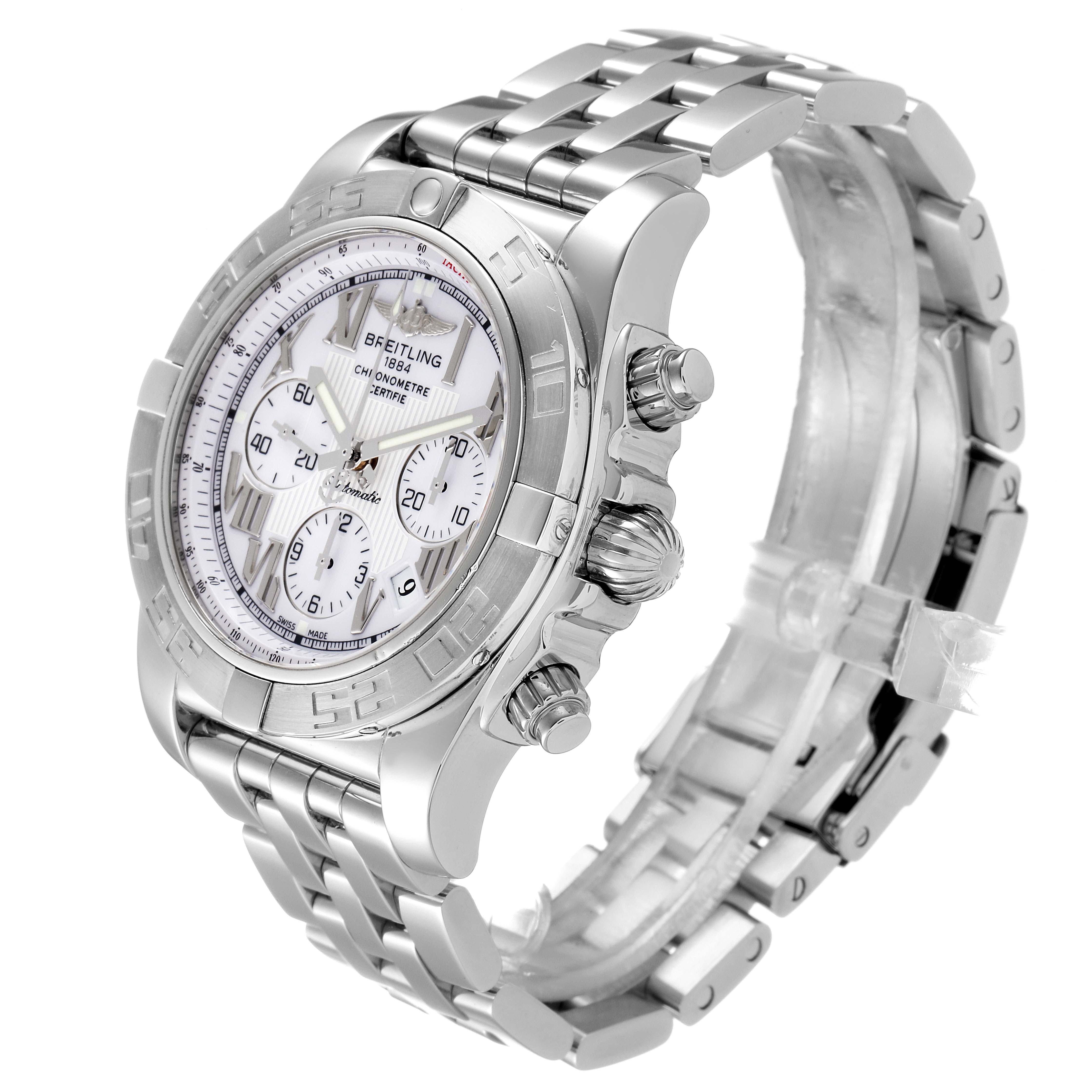 The Breitling Chronomat AB0110 Men's Stainless Steel White Dial AB0110 Men's Stainless Steel White Dial watch is shown at an angle highlighting its face, bezel, chronograph pushers, and metal bracelet.