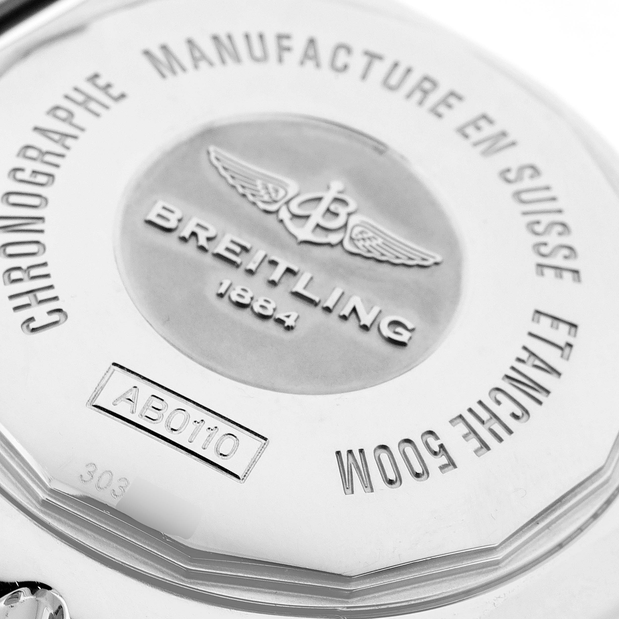This image shows the back casing of a Breitling Chronomat AB0110 Men's Stainless Steel White Dial AB0110 Men's Stainless Steel White Dial watch, featuring the brand name, logo, and model details.