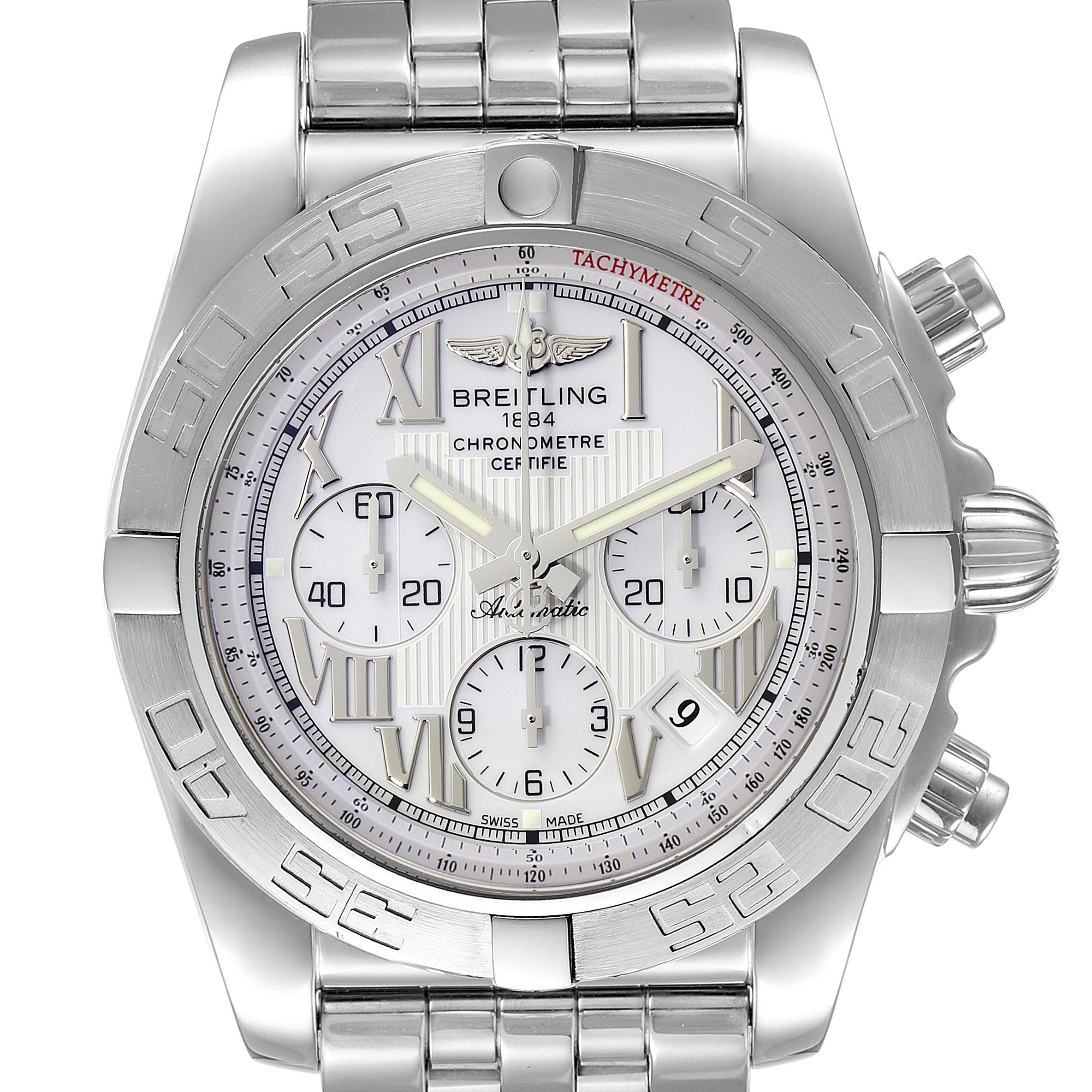The image shows a front view of a Breitling Chronomat AB0110 Men's Stainless Steel White Dial AB0110 Men's Stainless Steel White Dial watch with a stainless steel bracelet and three sub-dials.