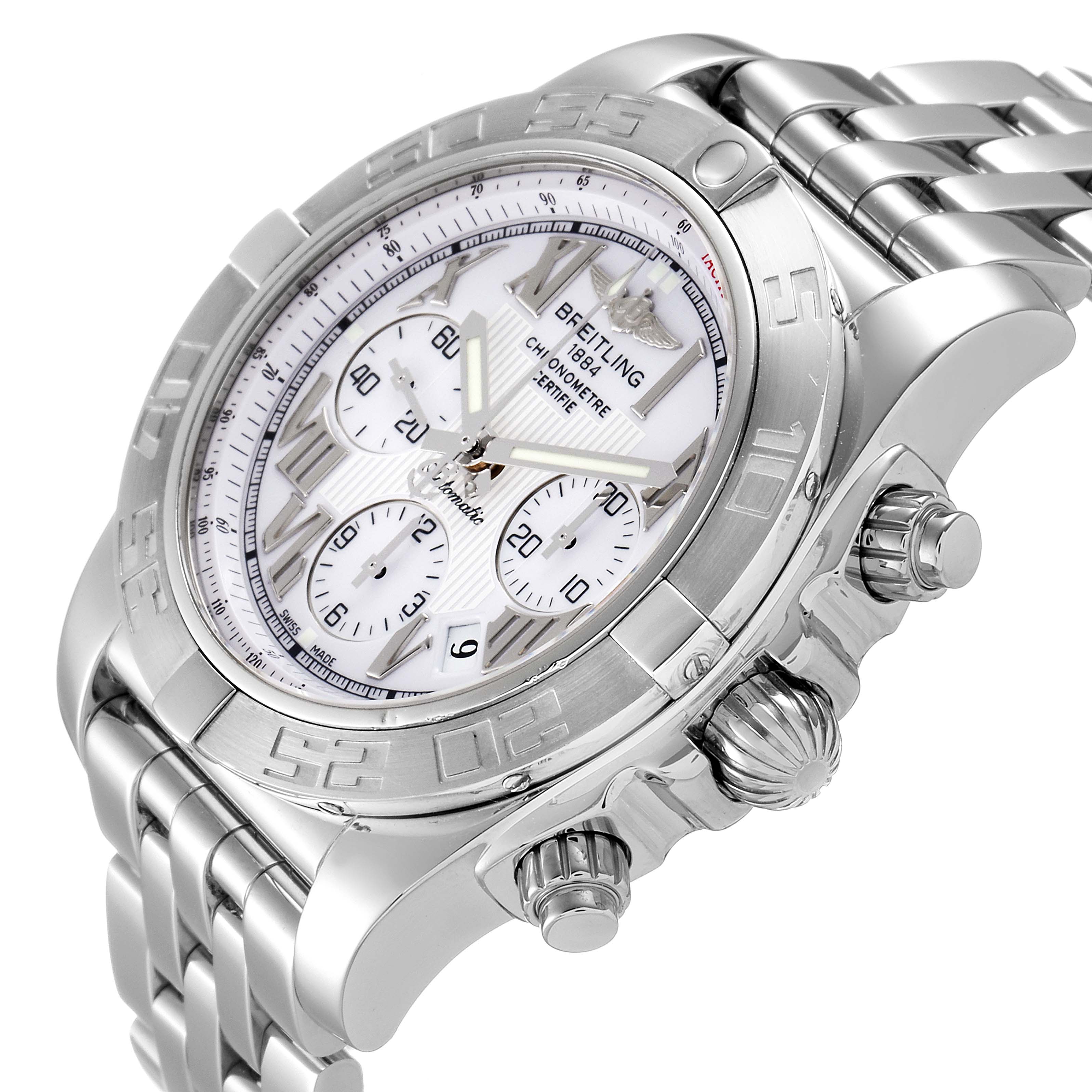 The Breitling Chronomat AB0110 Men's Stainless Steel White Dial AB0110 Men's Stainless Steel White Dial watch is shown at a three-quarter angle emphasizing the dial, pushers, crown, and stainless steel bracelet.