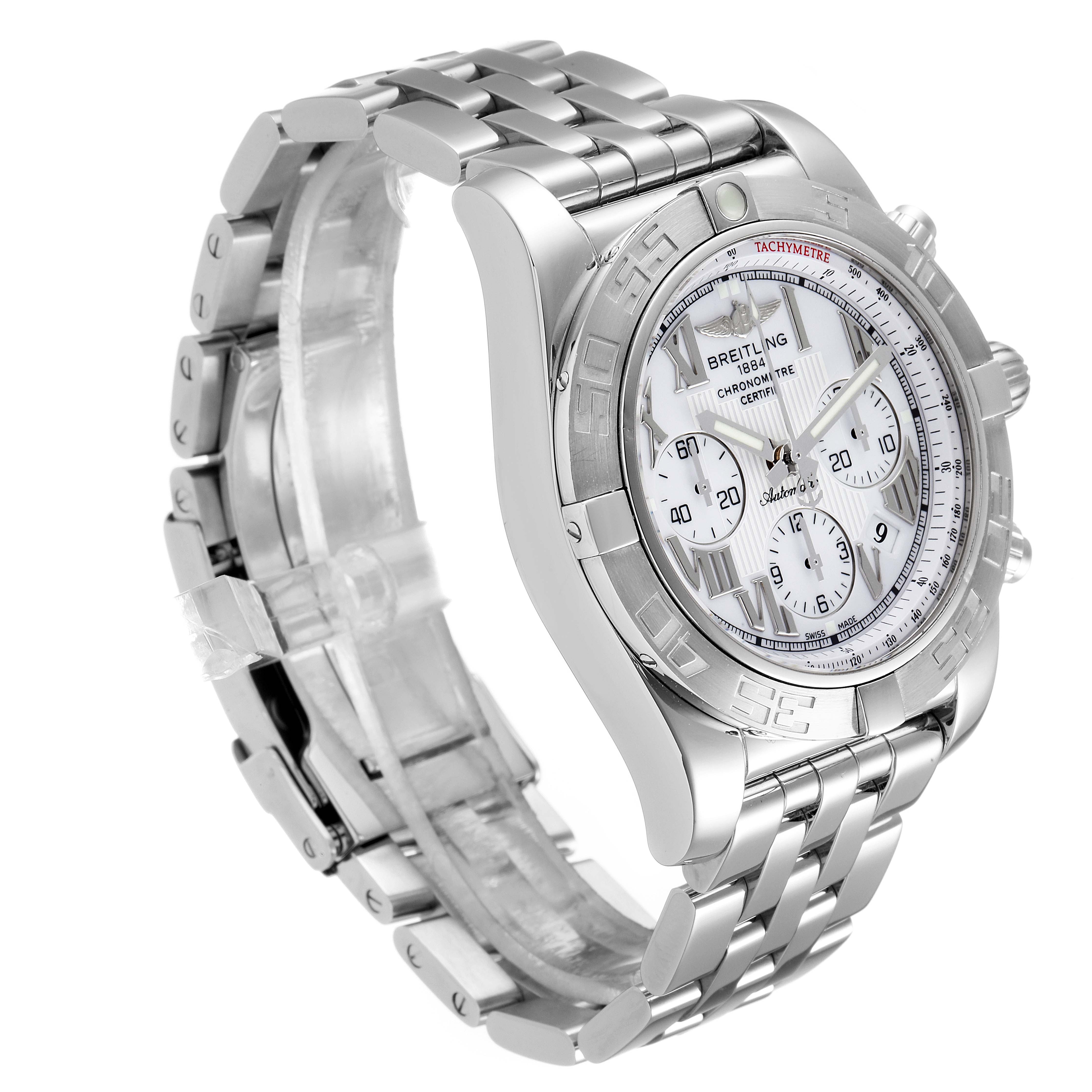 The image shows a side angle view of a Breitling Chronomat AB0110 Men's Stainless Steel White Dial AB0110 Men's Stainless Steel White Dial watch, highlighting the bezel, dial, case, and metal bracelet.