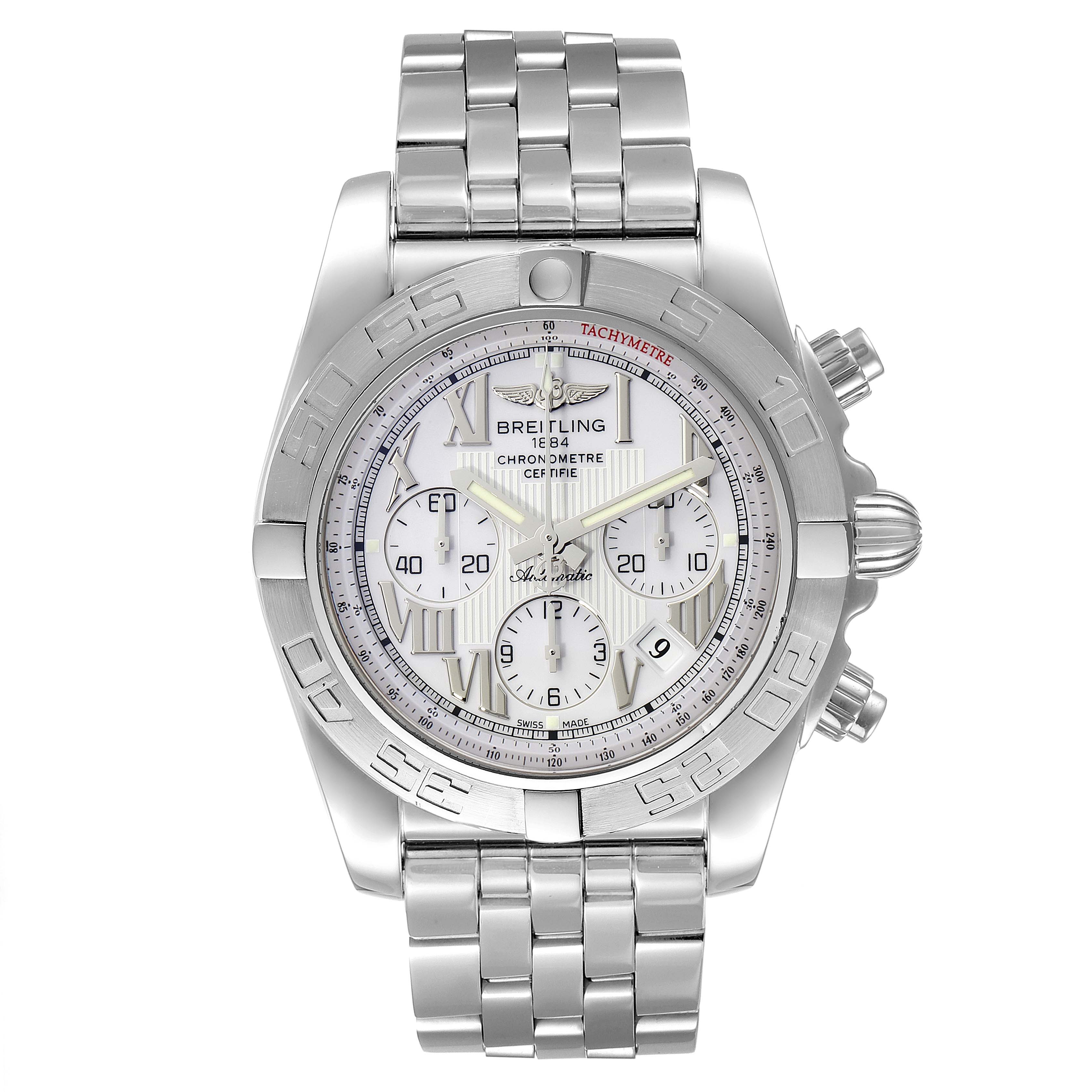 This image shows a front view of the Breitling Chronomat AB0110 Men's Stainless Steel White Dial AB0110 Men's Stainless Steel White Dial watch, highlighting its face, bezel, and stainless steel bracelet.