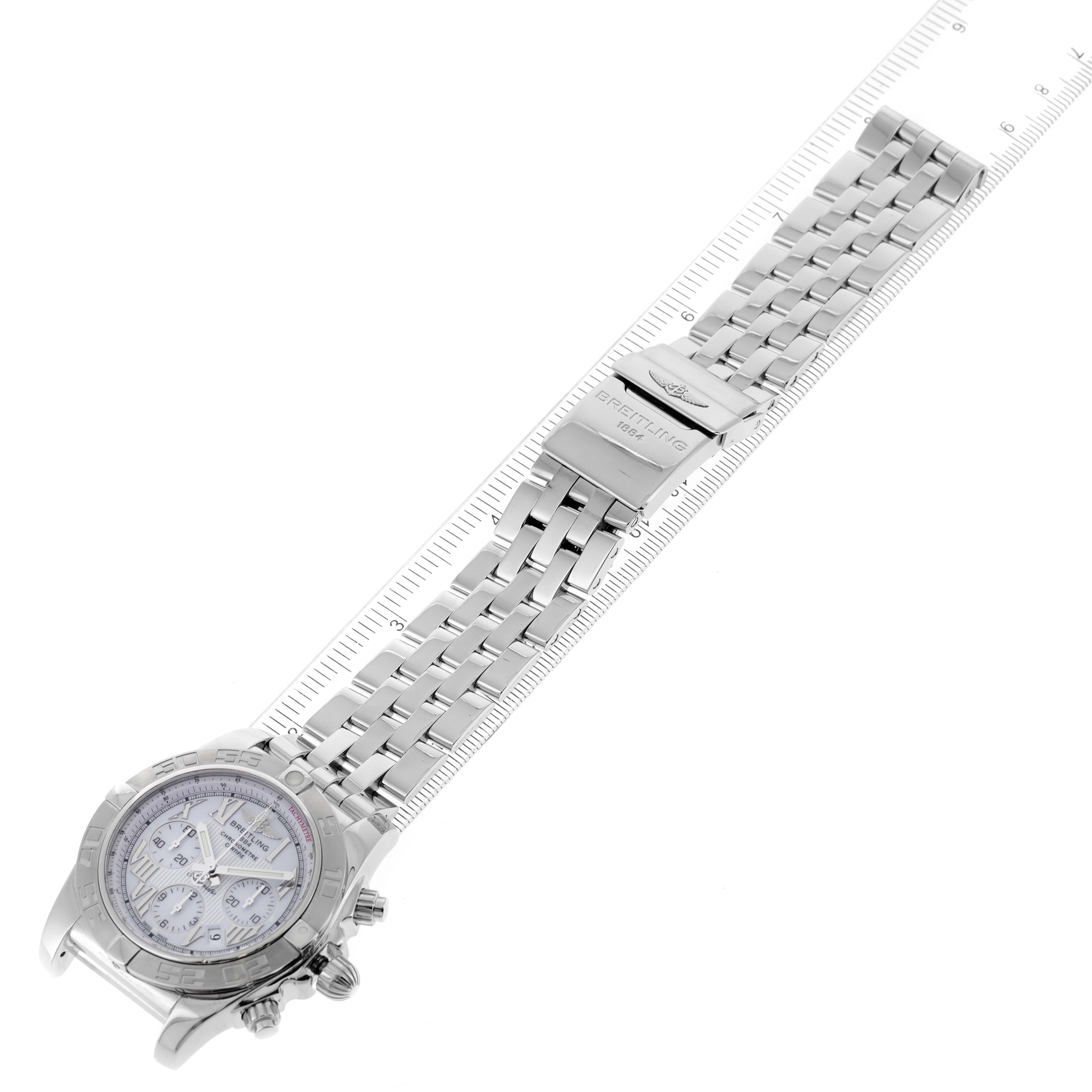 The watch is a Breitling Chronomat AB0110 Men's Stainless Steel White Dial AB0110 Men's Stainless Steel White Dial model, shown from the top angle displaying the entire bracelet and watch face.