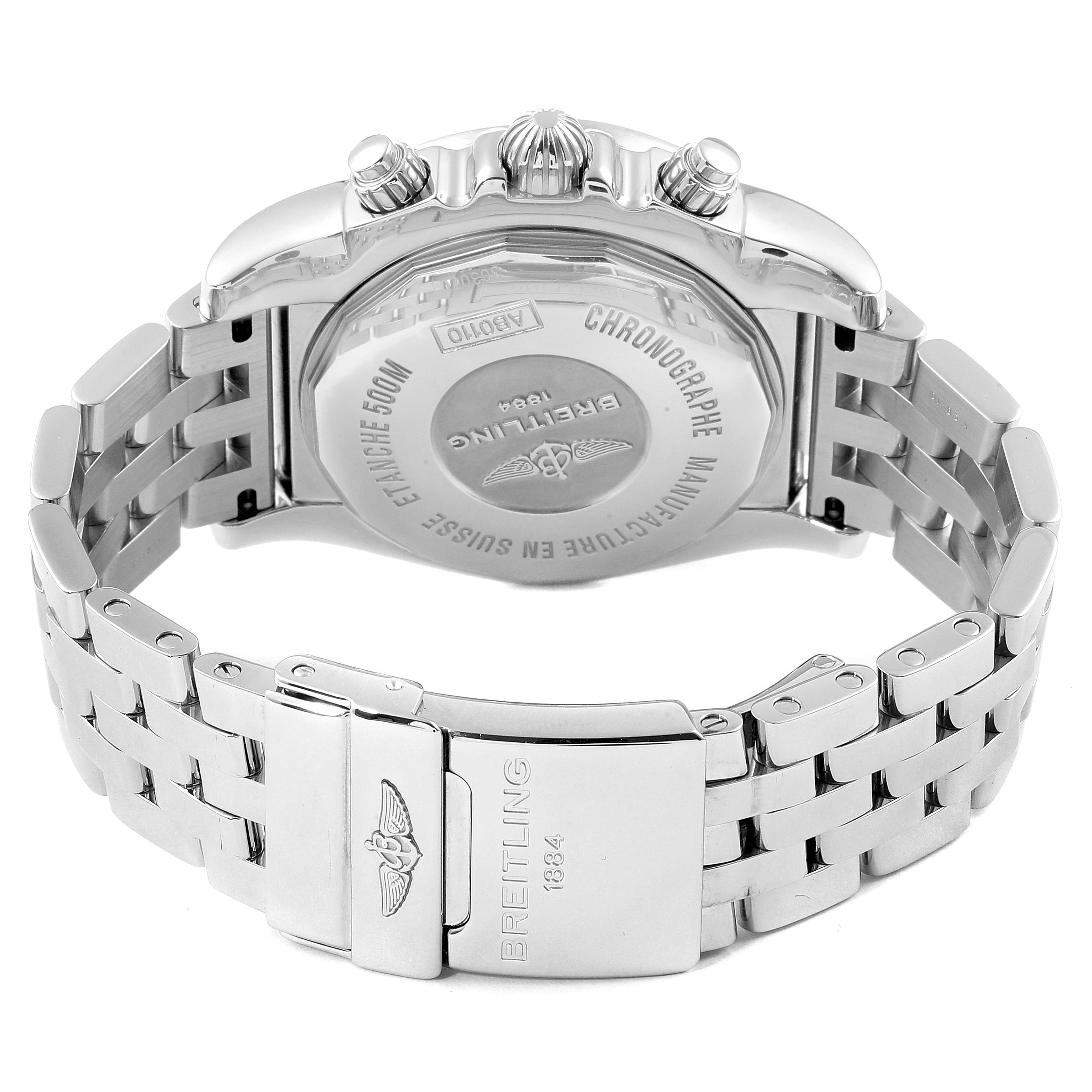 This image shows the back view of a Breitling Chronomat AB0110 Men's Stainless Steel White Dial AB0110 Men's Stainless Steel White Dial watch, highlighting the case back and metal bracelet with clasp.