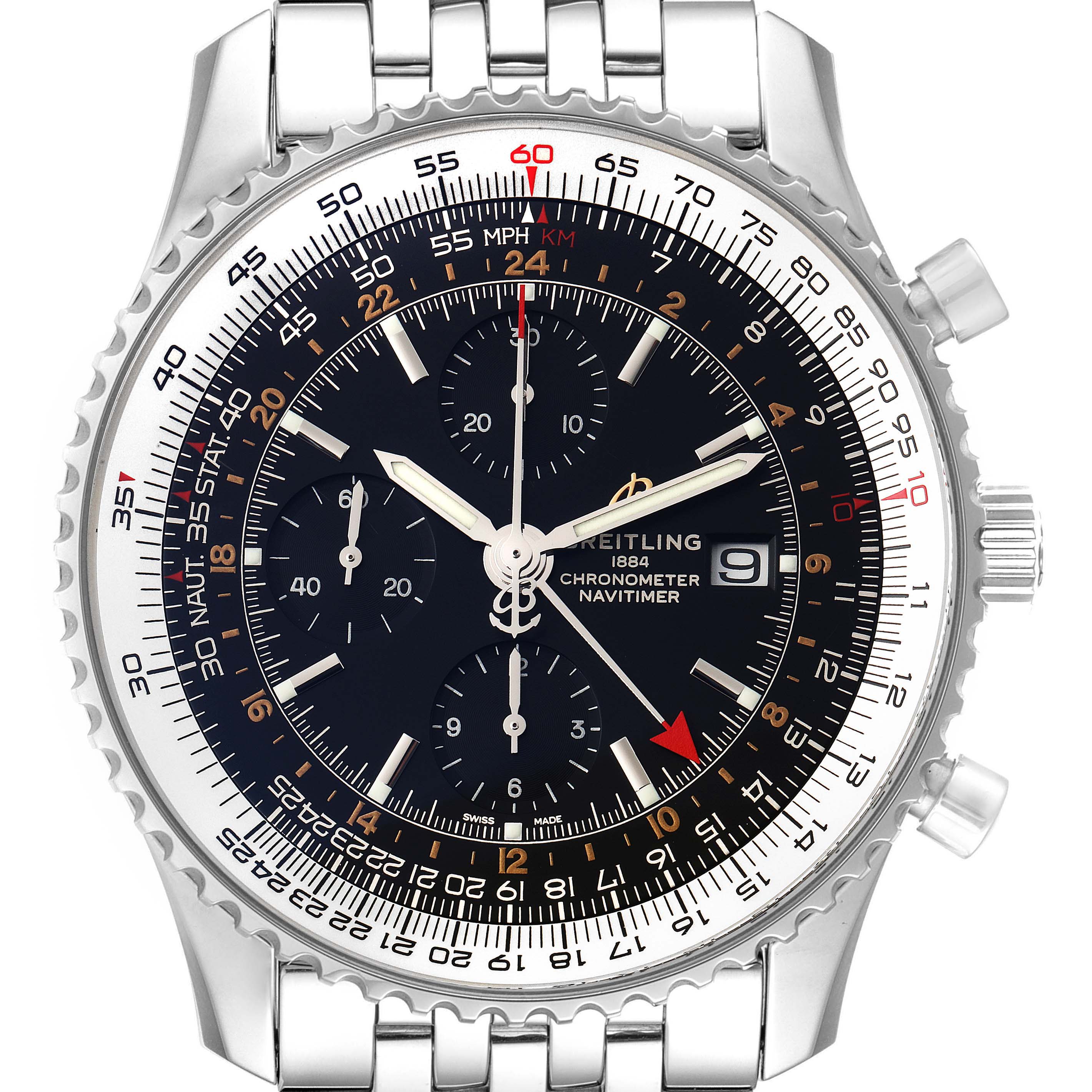 This image shows a Breitling Navitimer A24322 Men's Stainless Steel Black Dial A24322 Men's Stainless Steel Black Dial watch from the front, highlighting its dial, bezel, chronograph subdials, and stainless steel bracelet.