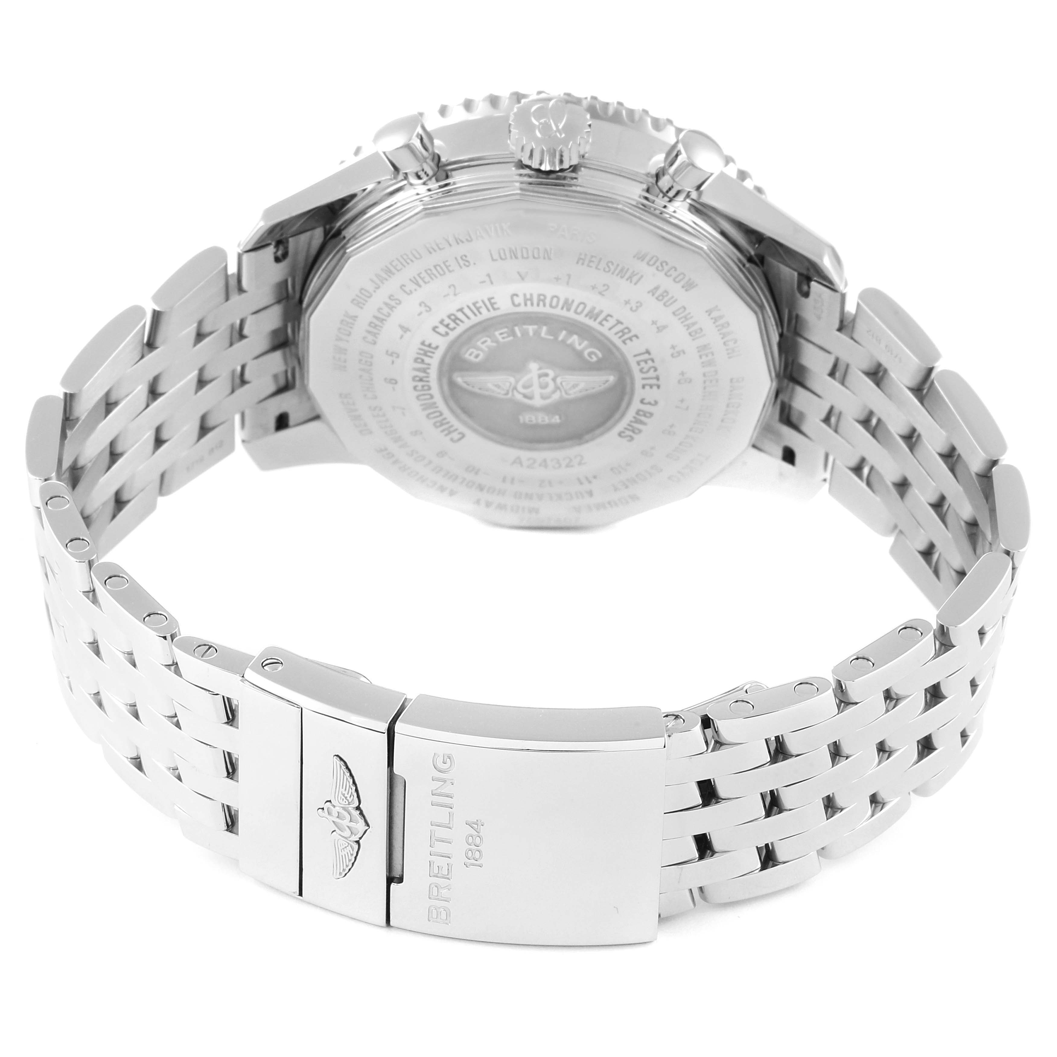 This image shows the back case and metal bracelet of a Breitling Navitimer A24322 Men's Stainless Steel Black Dial A24322 Men's Stainless Steel Black Dial watch at a rear angle.