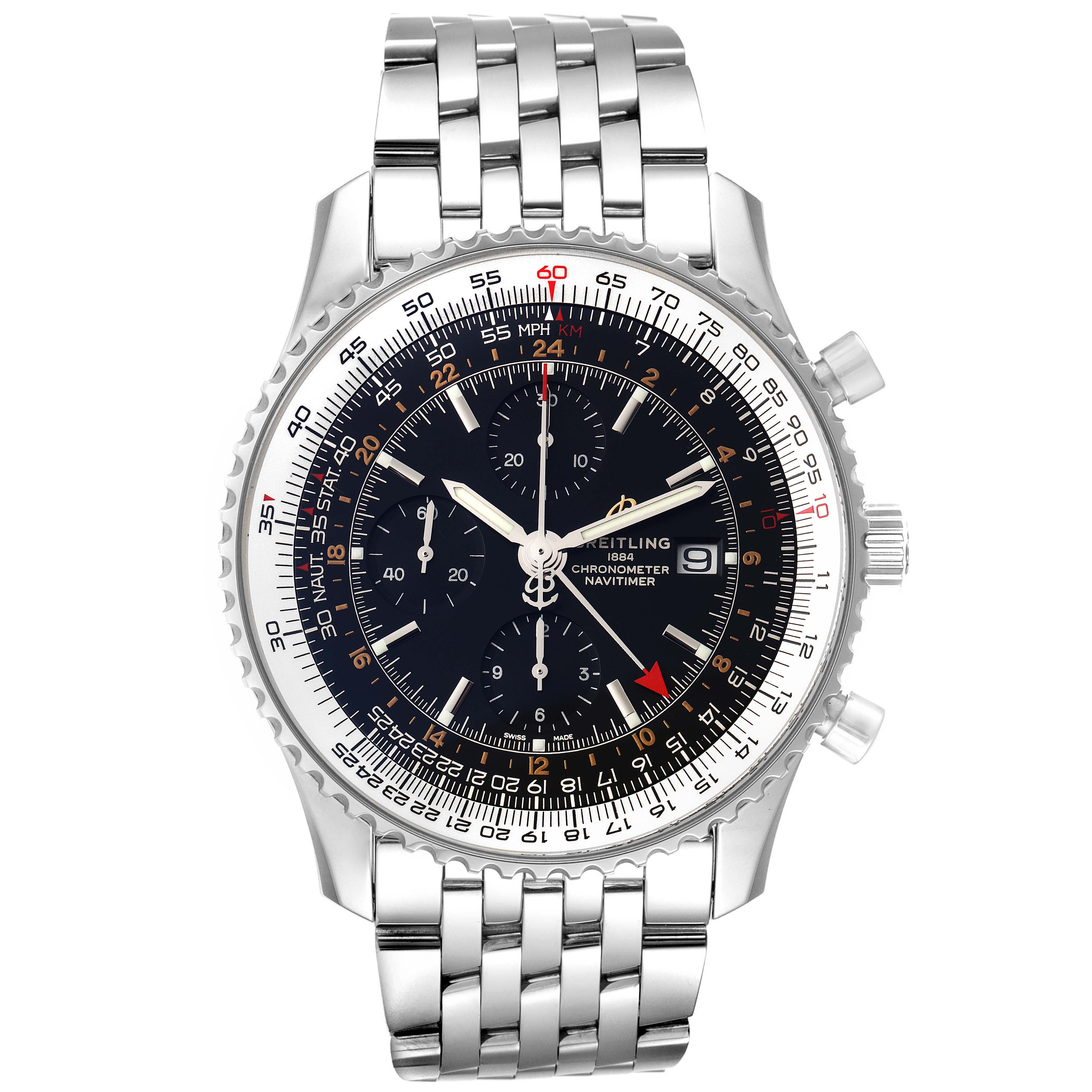 The image shows a front view of the Breitling Navitimer A24322 Men's Stainless Steel Black Dial A24322 Men's Stainless Steel Black Dial watch, highlighting its dial, bezel, and metal strap.