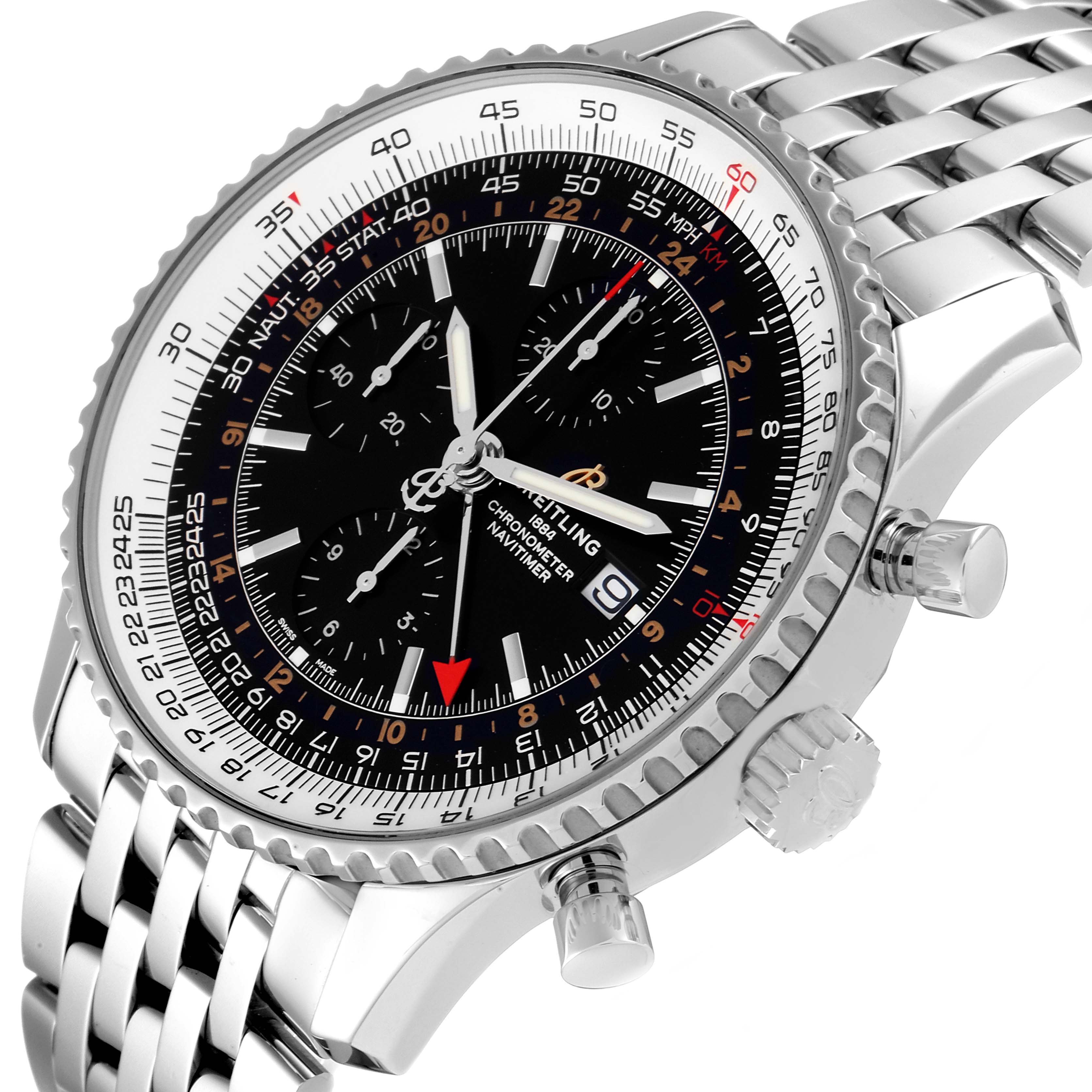 The image shows a close-up of a Breitling Navitimer A24322 Men's Stainless Steel Black Dial A24322 Men's Stainless Steel Black Dial watch from an angle highlighting its face, bezel, and bracelet.