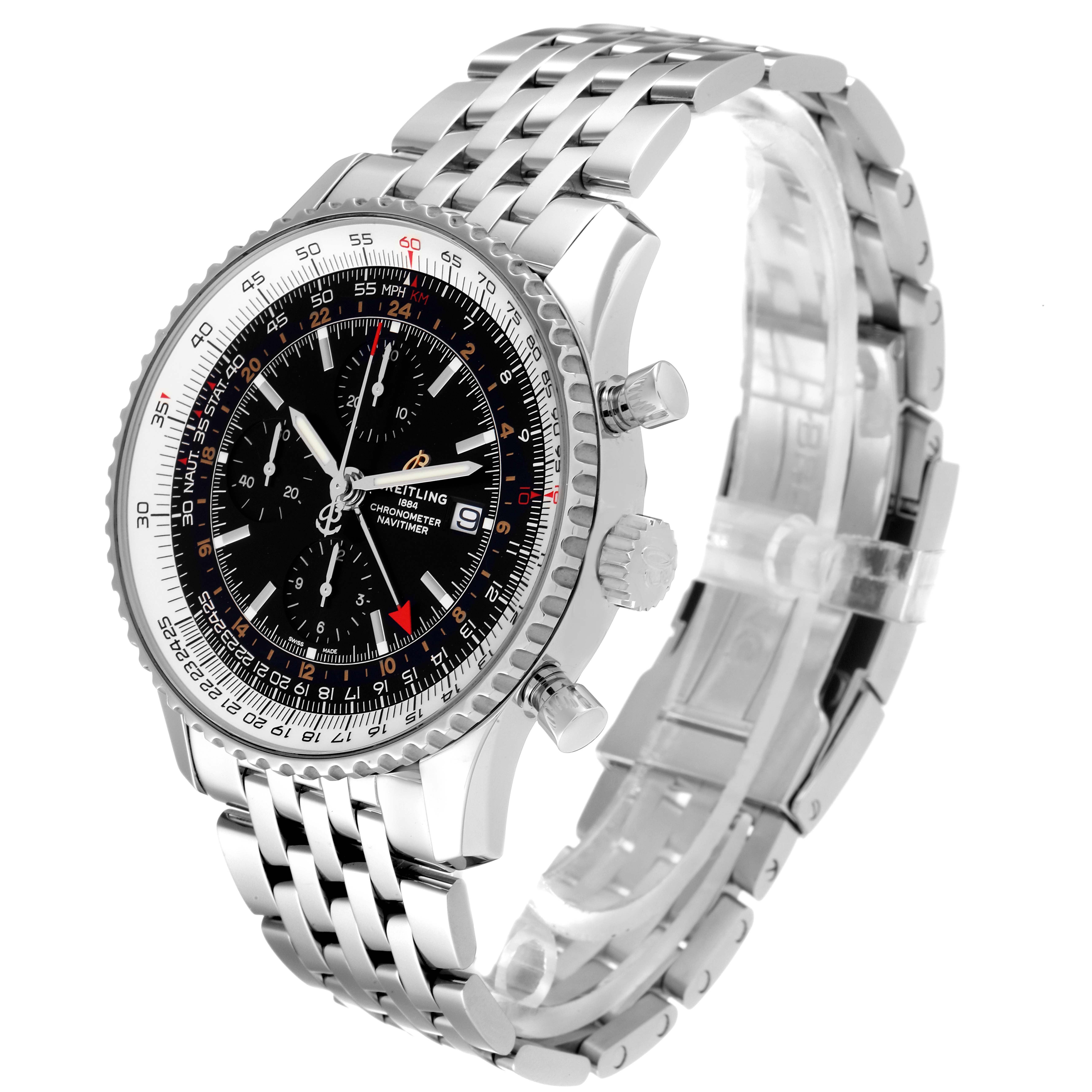 The image showcases a Breitling Navitimer A24322 Men's Stainless Steel Black Dial A24322 Men's Stainless Steel Black Dial watch at a three-quarter angle, highlighting its dial, crown, pushers, and metal bracelet.