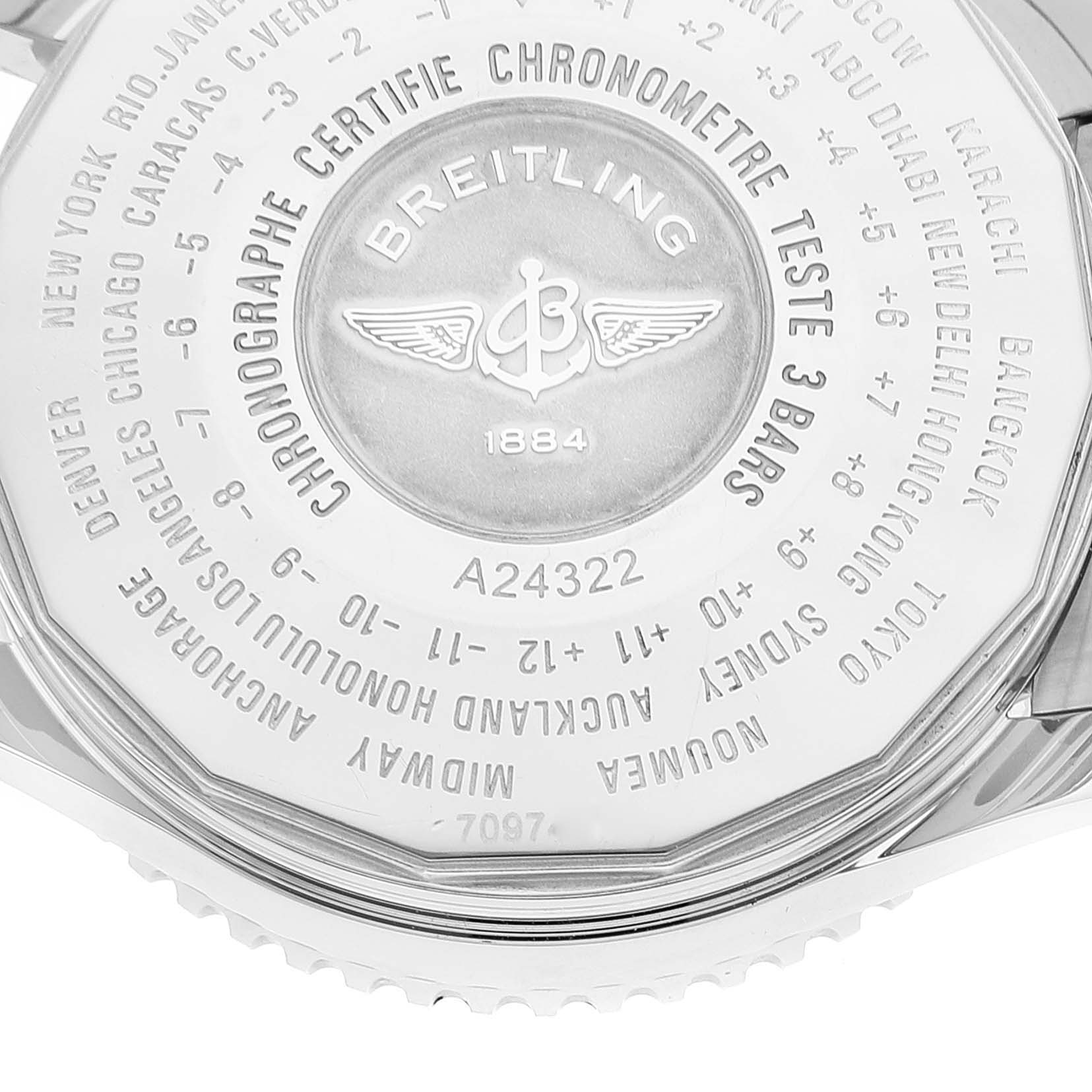 This image shows the back case of a Breitling Navitimer A24322 Men's Stainless Steel Black Dial A24322 Men's Stainless Steel Black Dial watch.