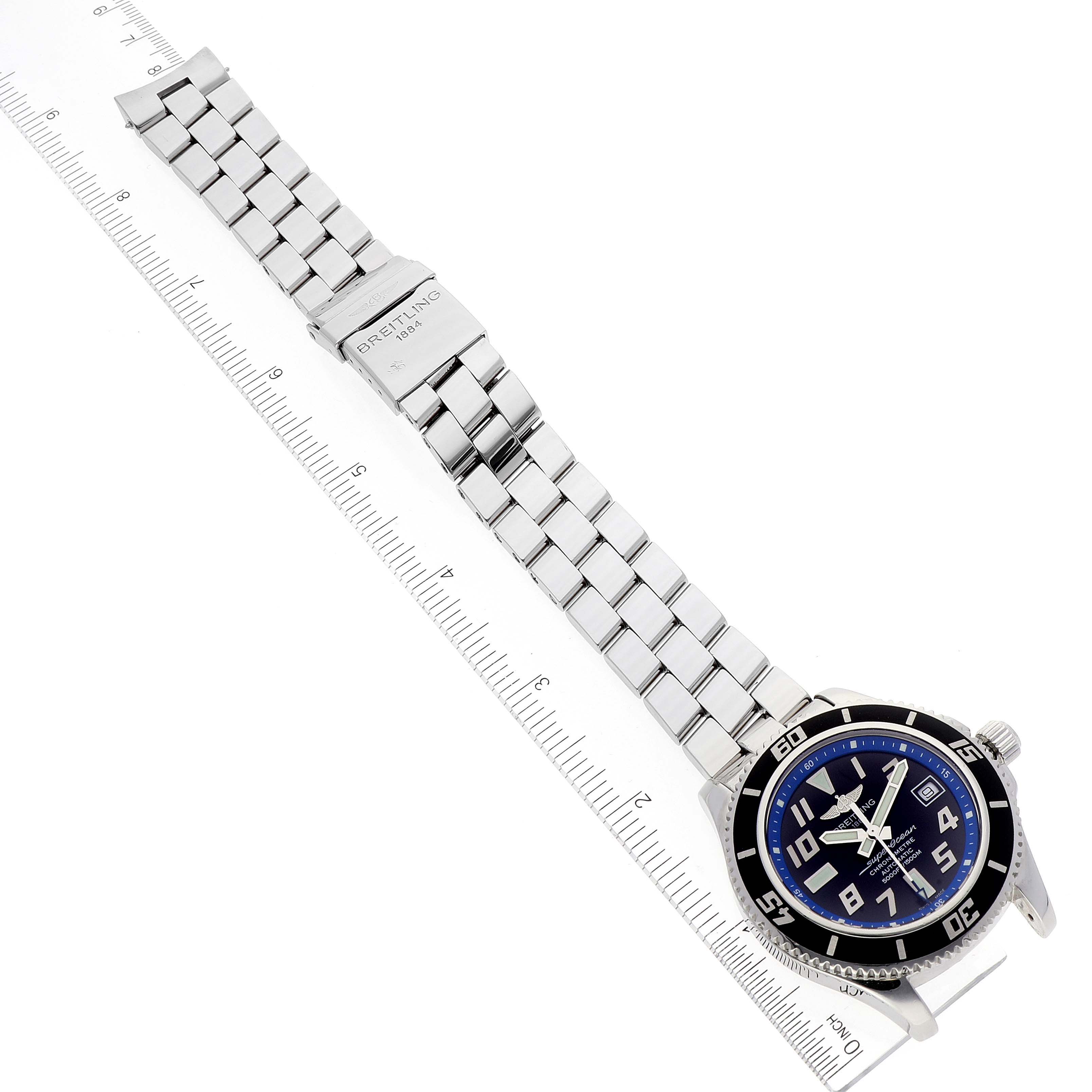 The image shows the Breitling Superocean A17364 Men's Stainless Steel Black Dial A17364 Men's Stainless Steel Black Dial watch laid flat, displaying the full bracelet, clasp, and dial.