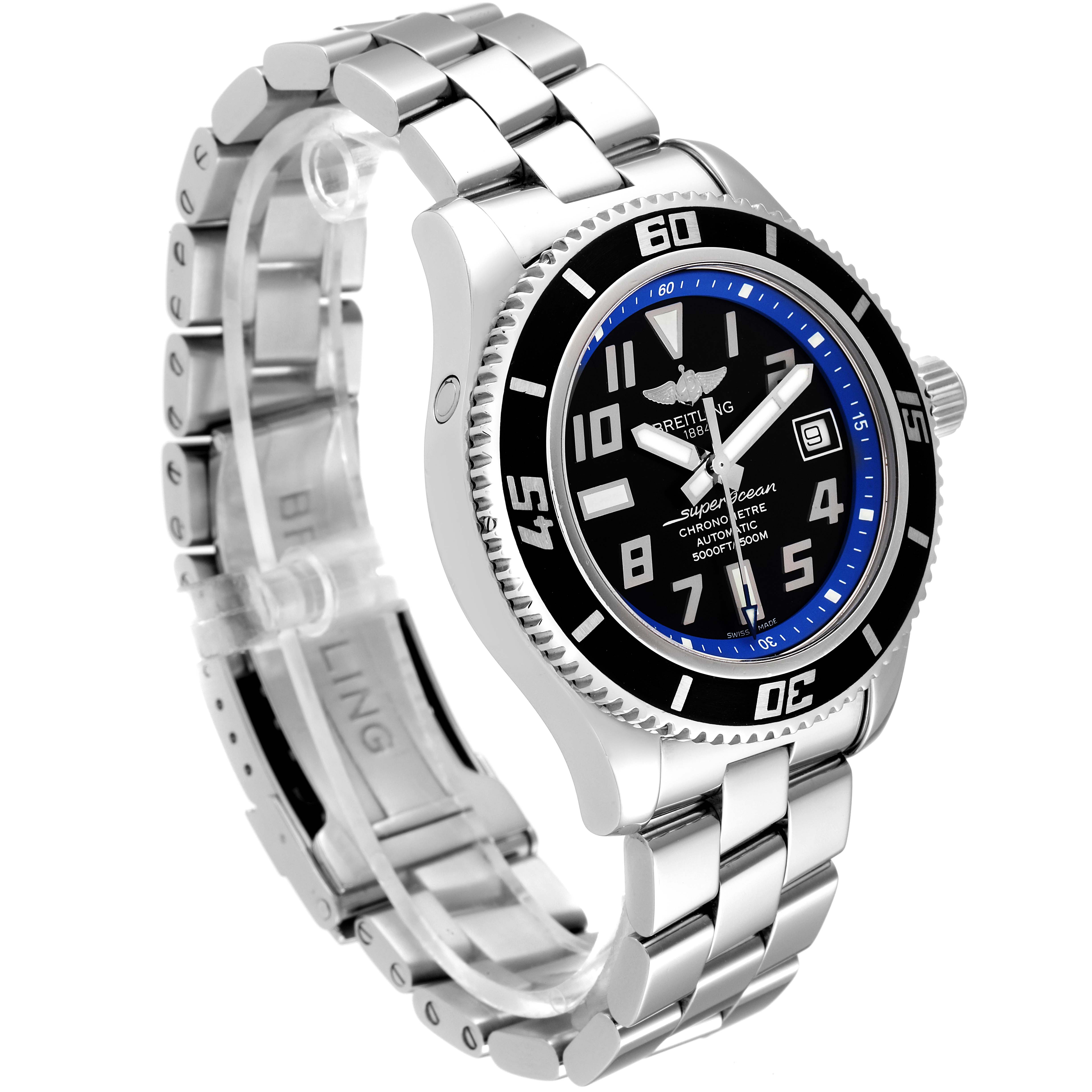 The Breitling Superocean A17364 Men's Stainless Steel Black Dial A17364 Men's Stainless Steel Black Dial watch is shown at a 3/4 angle, displaying the face, bezel, crown, and metal bracelet.