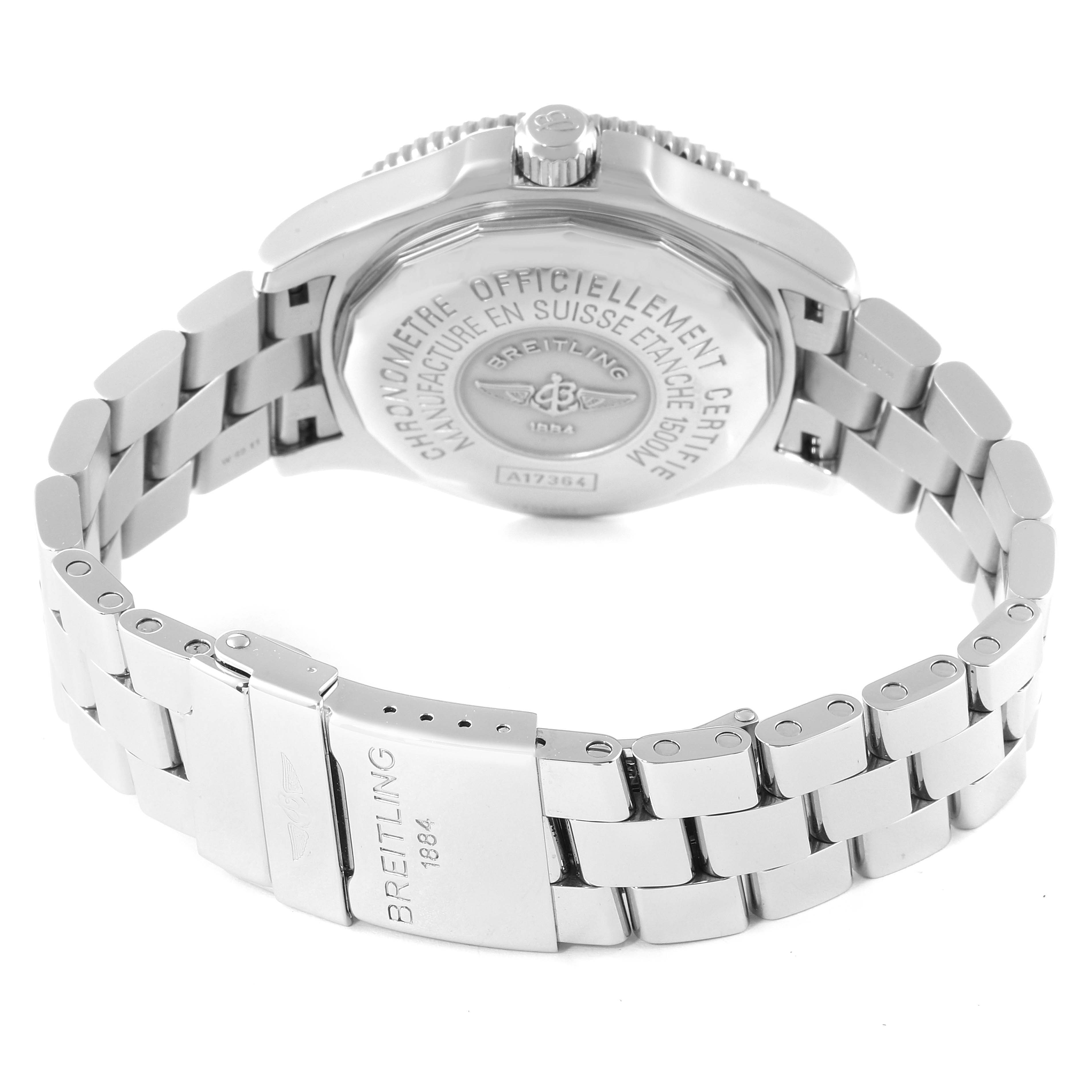 This image shows the back view of a Breitling Superocean A17364 Men's Stainless Steel Black Dial A17364 Men's Stainless Steel Black Dial watch, displaying the case back and metal bracelet with the clasp open.