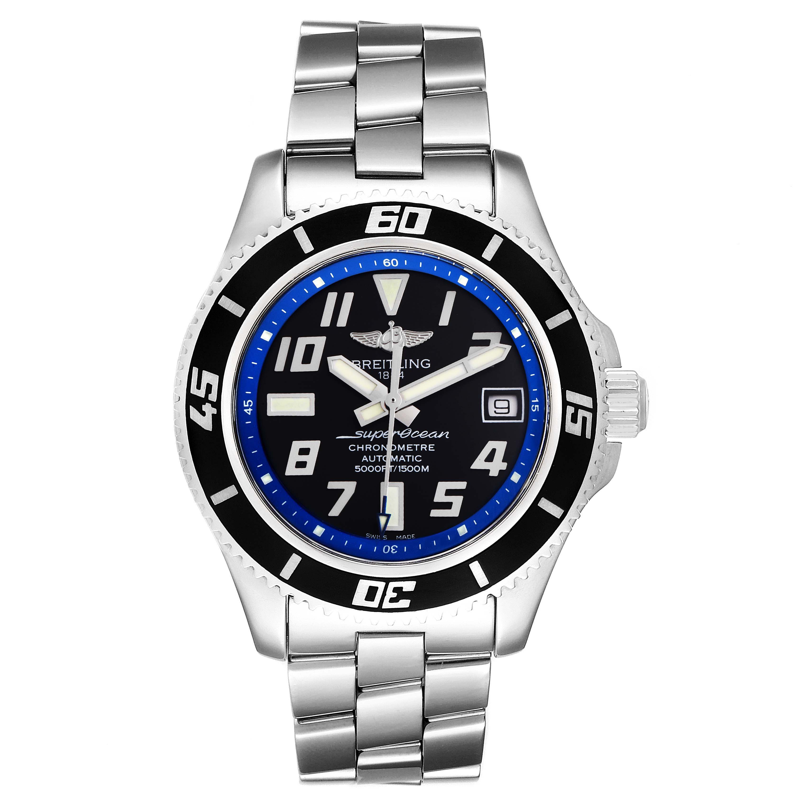 The Breitling Superocean A17364 Men's Stainless Steel Black Dial A17364 Men's Stainless Steel Black Dial watch is shown from a front angle, highlighting its face, bezel, and metal bracelet.