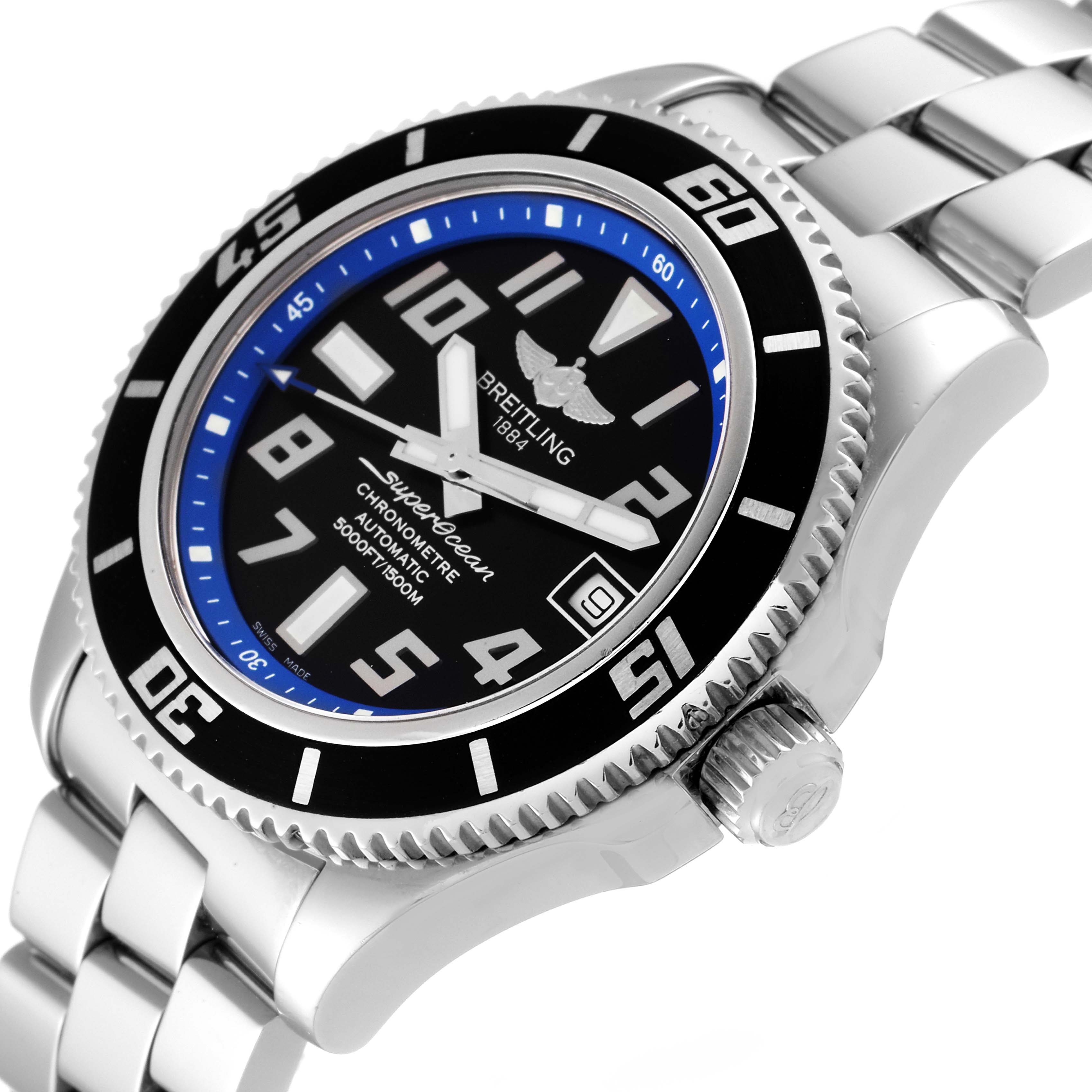 The image shows a Breitling Superocean A17364 Men's Stainless Steel Black Dial A17364 Men's Stainless Steel Black Dial watch at a slight angle, highlighting the face, bezel, crown, and part of the metal bracelet.