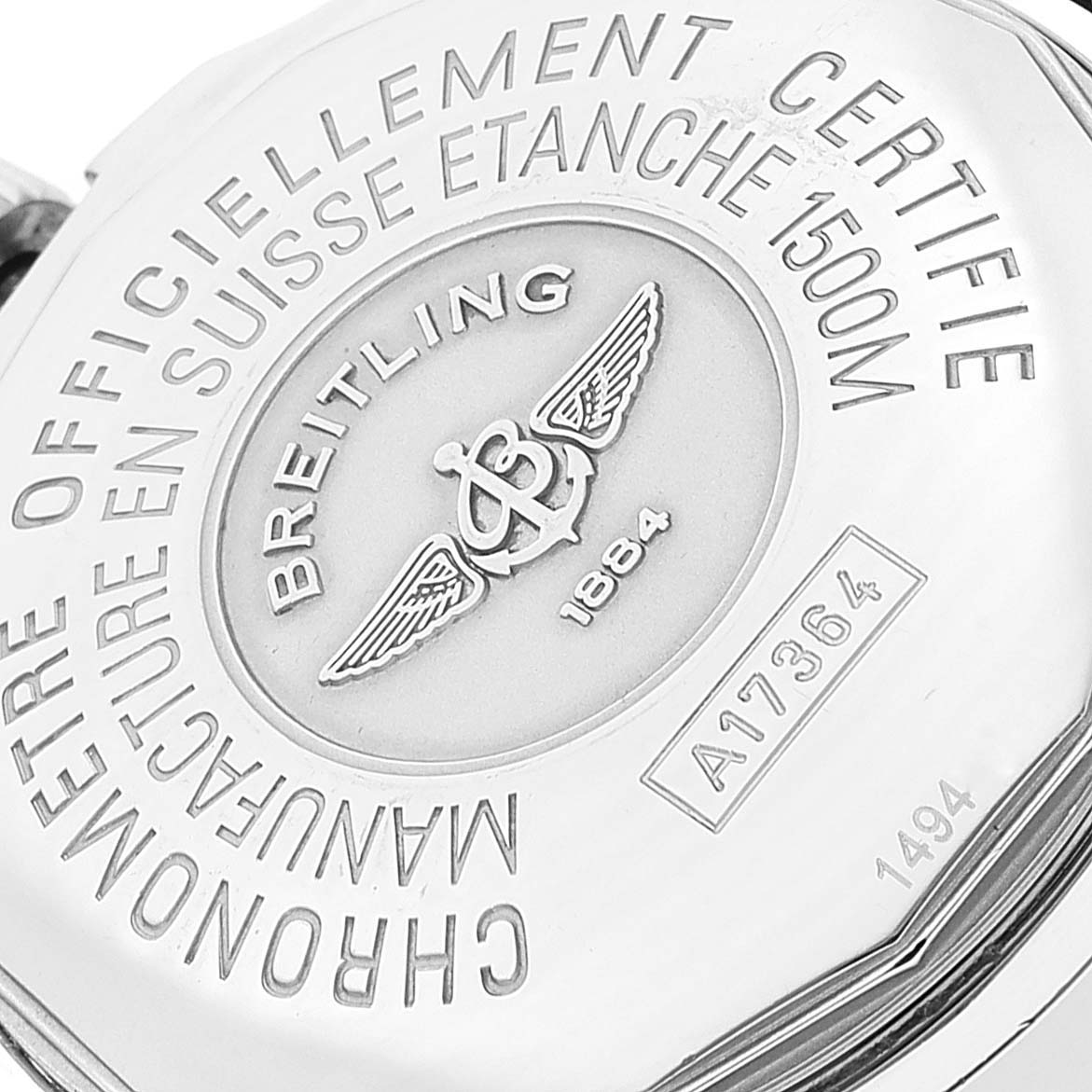 This image shows the case back of a Breitling Superocean A17364 Men's Stainless Steel Black Dial A17364 Men's Stainless Steel Black Dial watch, displaying engraved details and the logo.