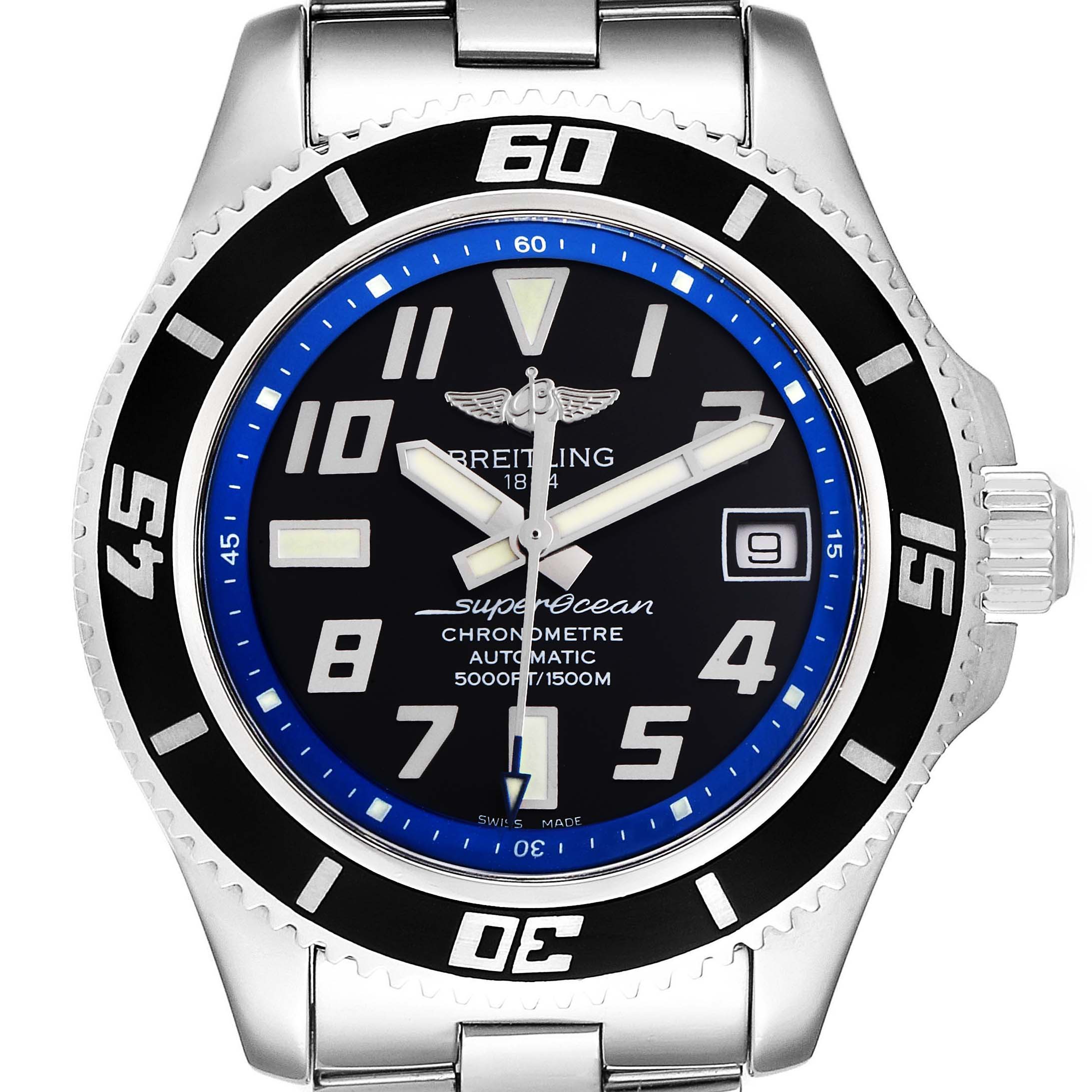 This is a front view of a Breitling Superocean A17364 Men's Stainless Steel Black Dial A17364 Men's Stainless Steel Black Dial watch, showing the dial, bezel, and part of the metal strap.