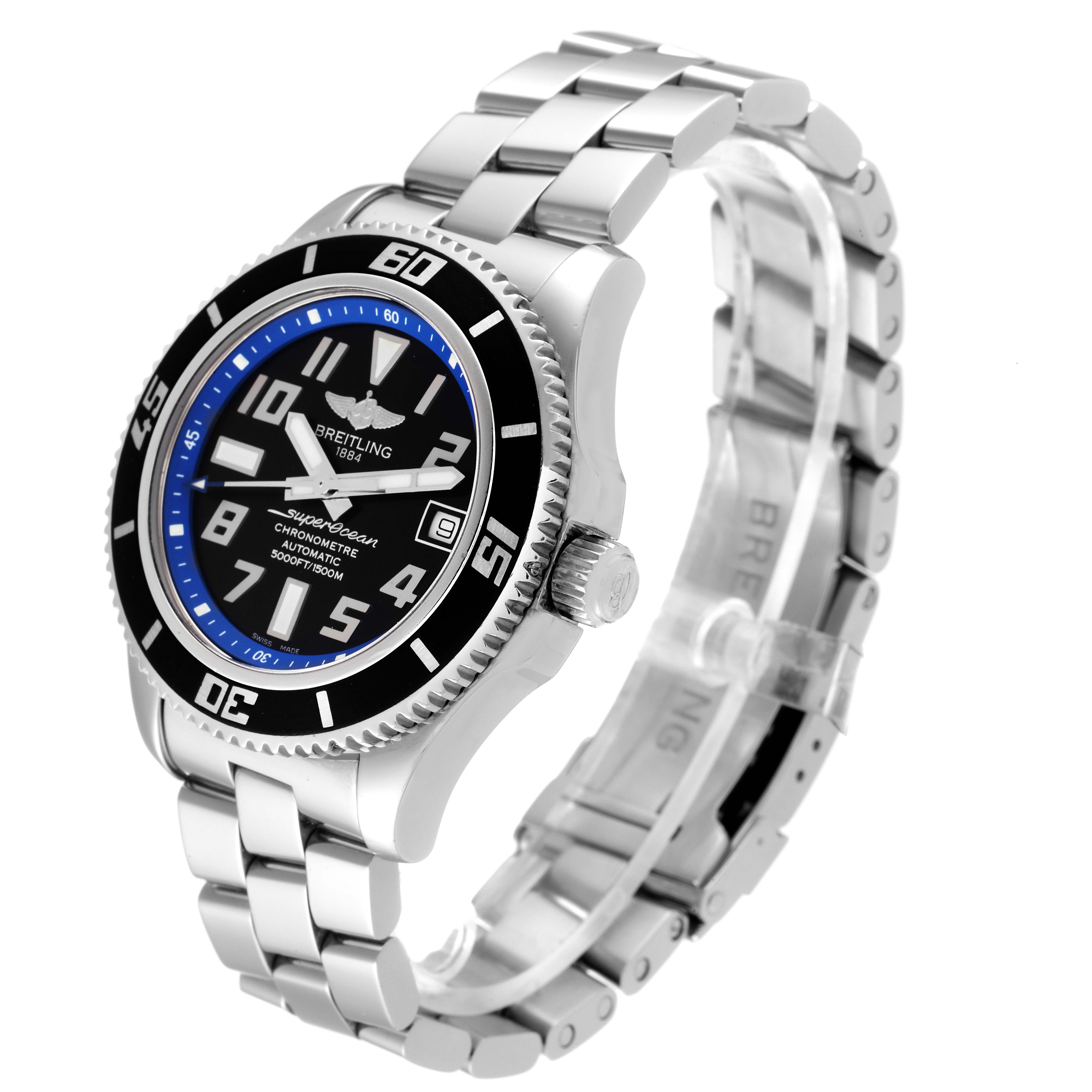 This image shows a side and front angle of the Breitling Superocean A17364 Men's Stainless Steel Black Dial A17364 Men's Stainless Steel Black Dial watch, highlighting its bezel, dial, crown, and bracelet.