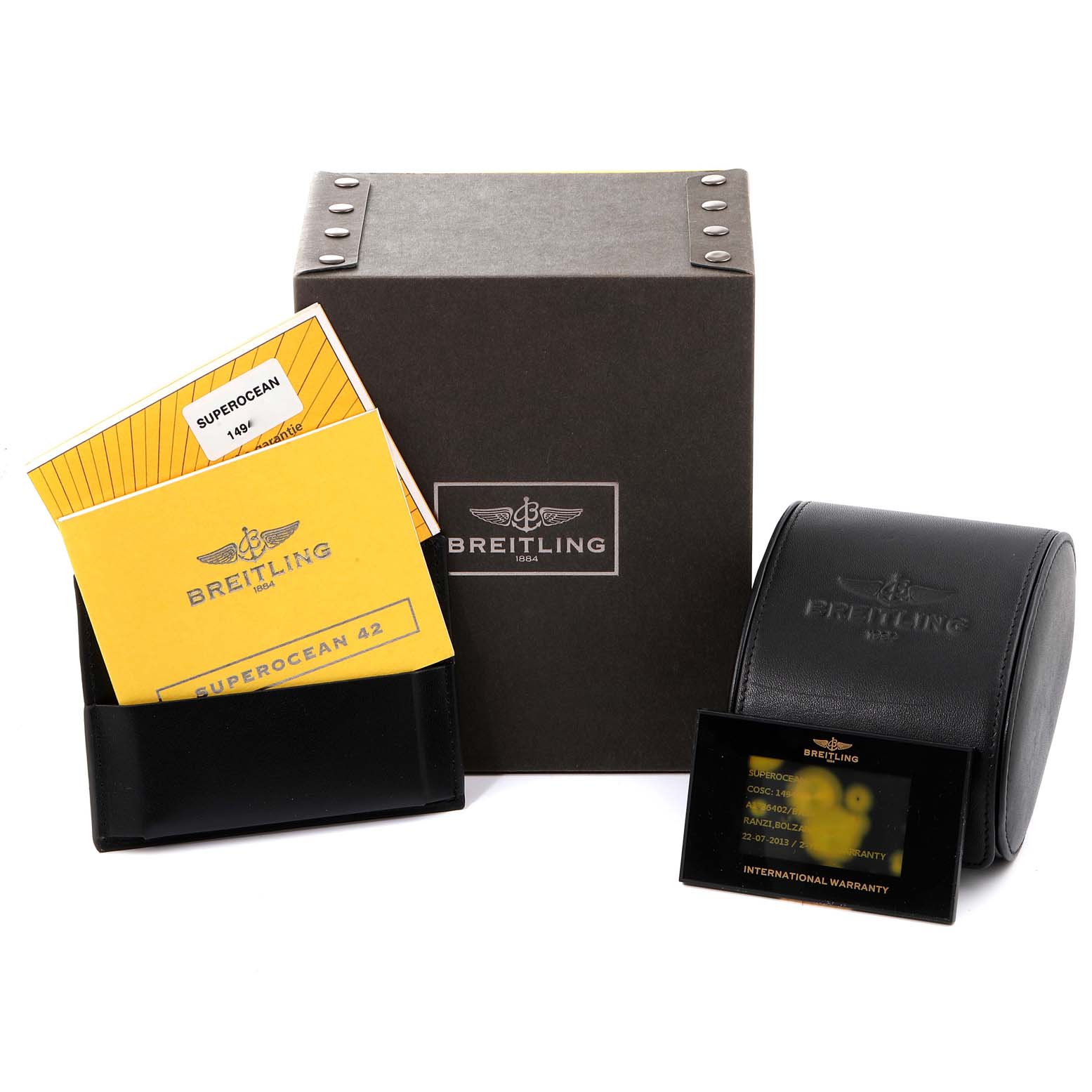 The image shows the box, leather case, and manuals for the Breitling Superocean A17364 Men's Stainless Steel Black Dial A17364 Men's Stainless Steel Black Dial watch model.