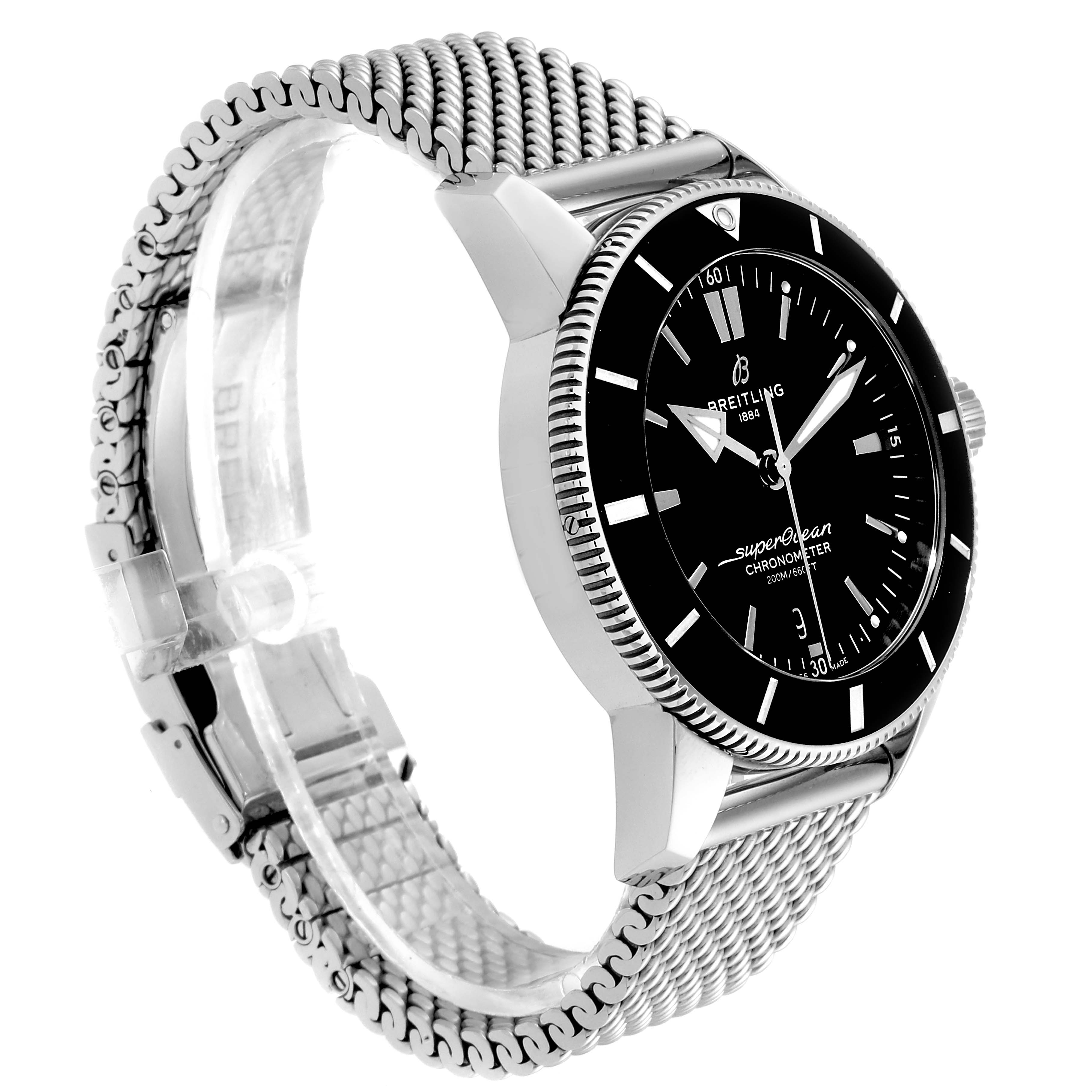 The Breitling Superocean AB2030 Men's Stainless Steel Black Dial AB2030 Men's Stainless Steel Black Dial watch is shown from an angled side view, highlighting the mesh bracelet, bezel, and dial.
