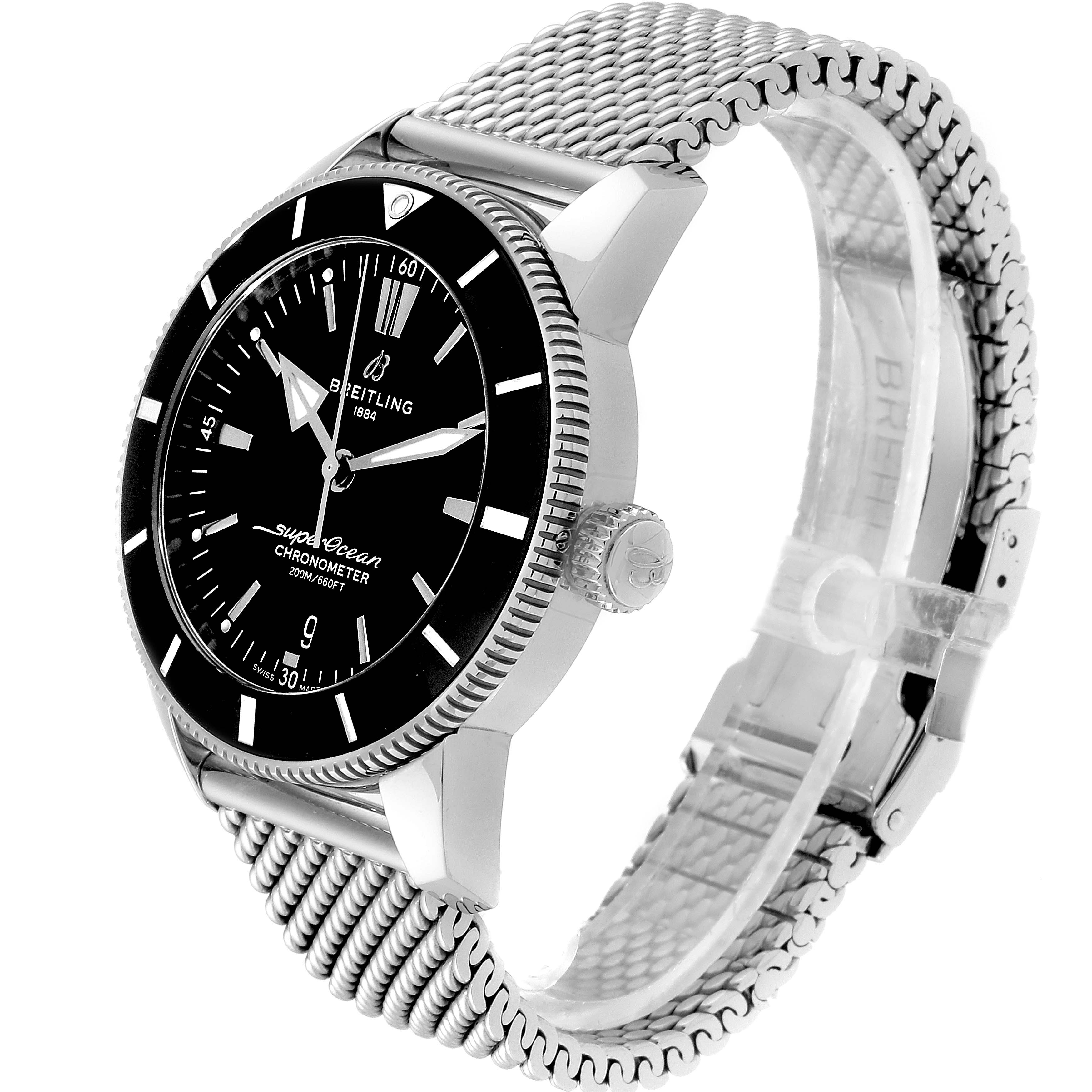 This image shows a side angle of the Breitling Superocean AB2030 Men's Stainless Steel Black Dial AB2030 Men's Stainless Steel Black Dial watch, displaying its black dial, bezel, crown, and metal mesh bracelet.