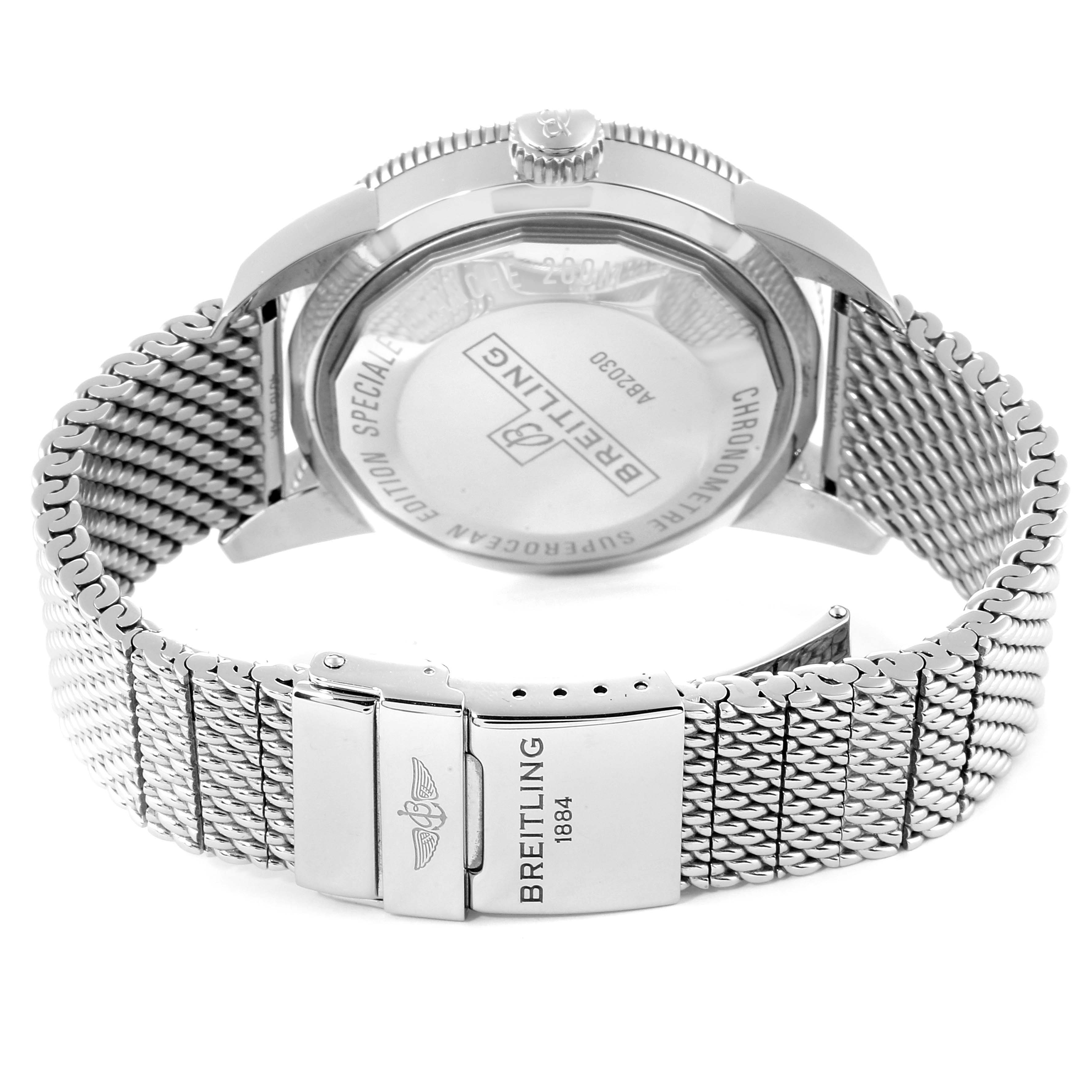 The image shows the back and bracelet clasp of the Breitling Superocean AB2030 Men's Stainless Steel Black Dial AB2030 Men's Stainless Steel Black Dial watch from a rear angle.