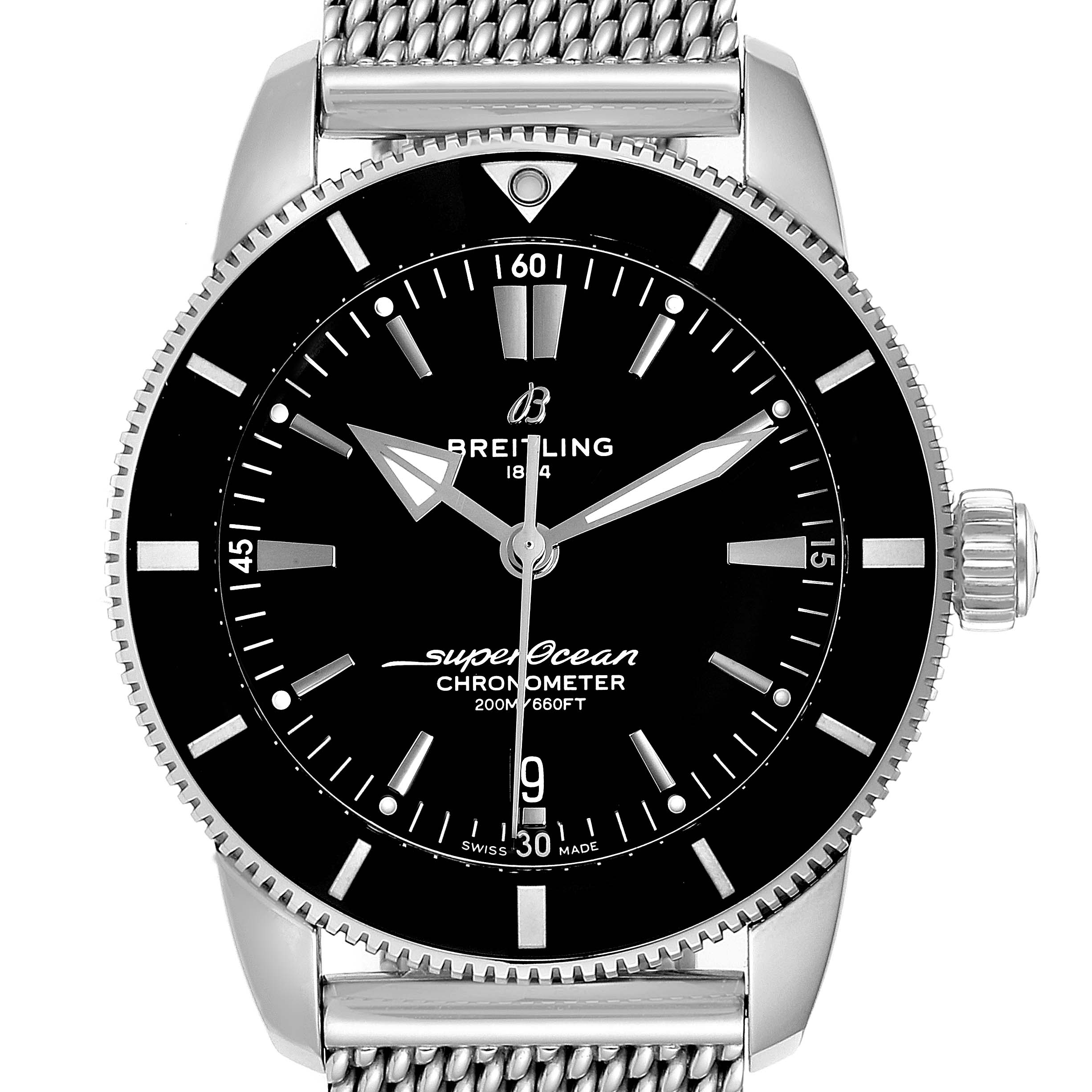 The image shows a front view of the Breitling Superocean AB2030 Men's Stainless Steel Black Dial AB2030 Men's Stainless Steel Black Dial watch, highlighting its black dial, bezel, and metal mesh strap.
