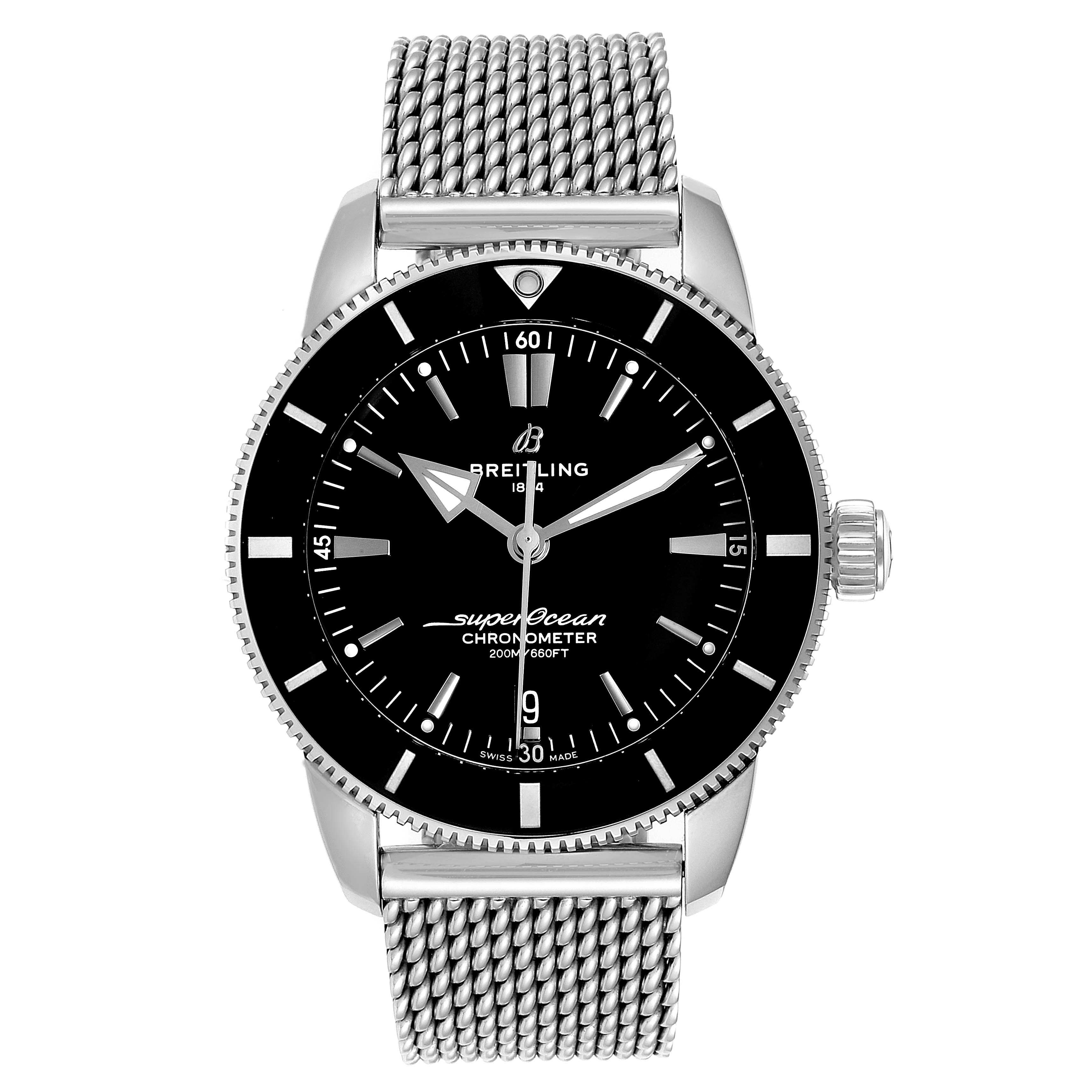 The image shows a front view of a Breitling Superocean AB2030 Men's Stainless Steel Black Dial AB2030 Men's Stainless Steel Black Dial watch, detailing the mesh bracelet, black dial, hands, and bezel.