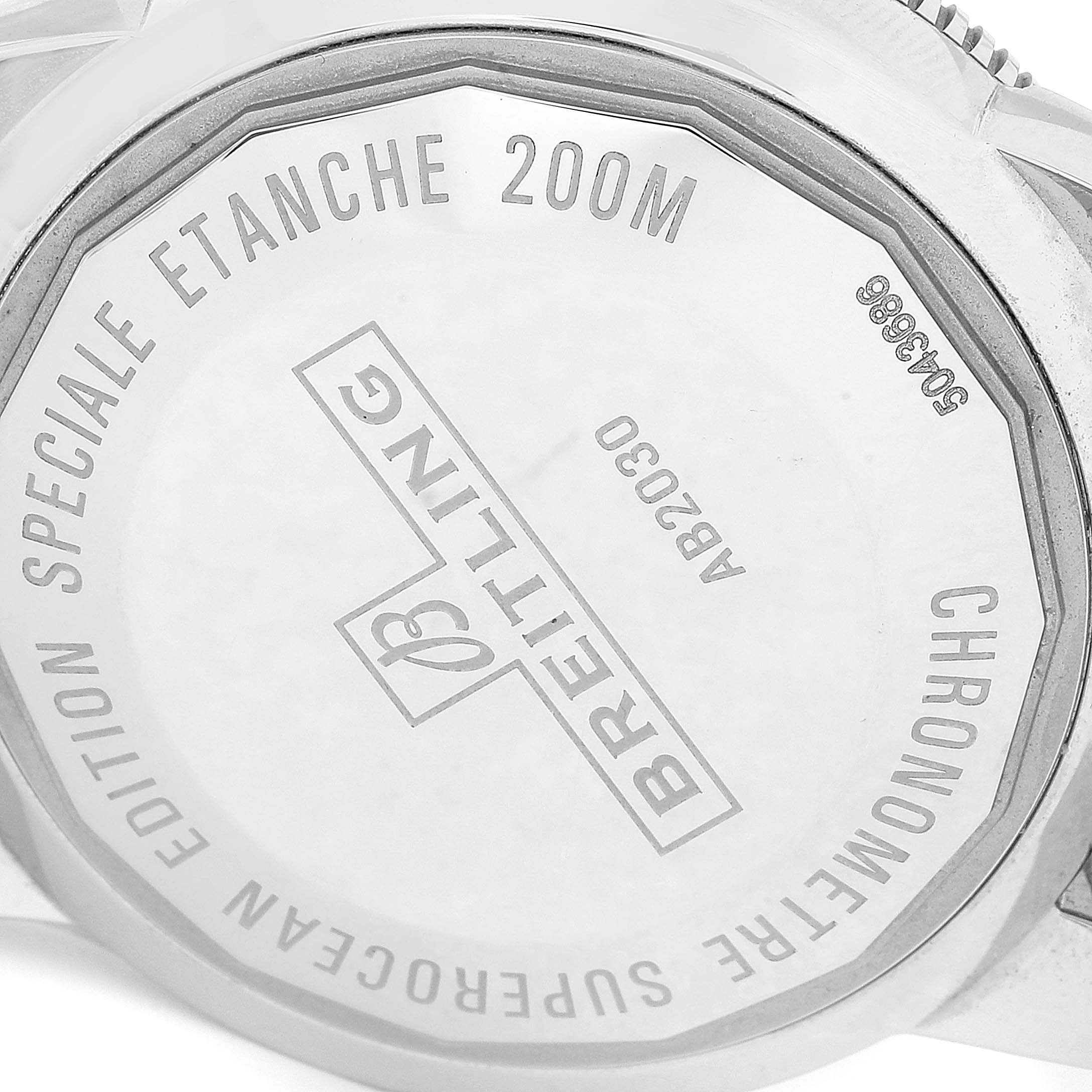 This image shows the back case of a Breitling Superocean AB2030 Men's Stainless Steel Black Dial AB2030 Men's Stainless Steel Black Dial watch, highlighting model details and water resistance.