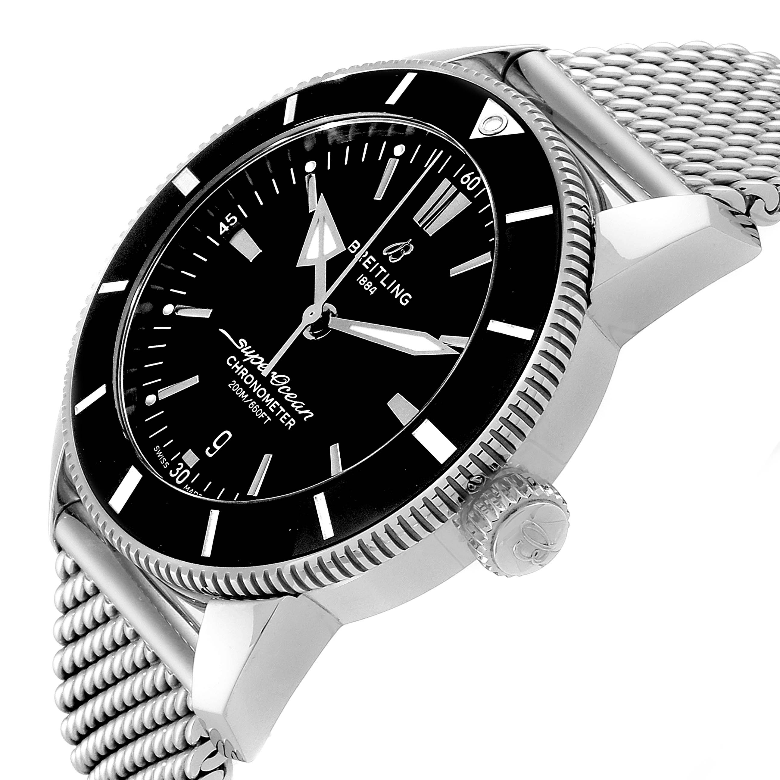 The image shows a Breitling Superocean AB2030 Men's Stainless Steel Black Dial AB2030 Men's Stainless Steel Black Dial watch at a three-quarter angle highlighting its bezel, face, crown, and metal strap.