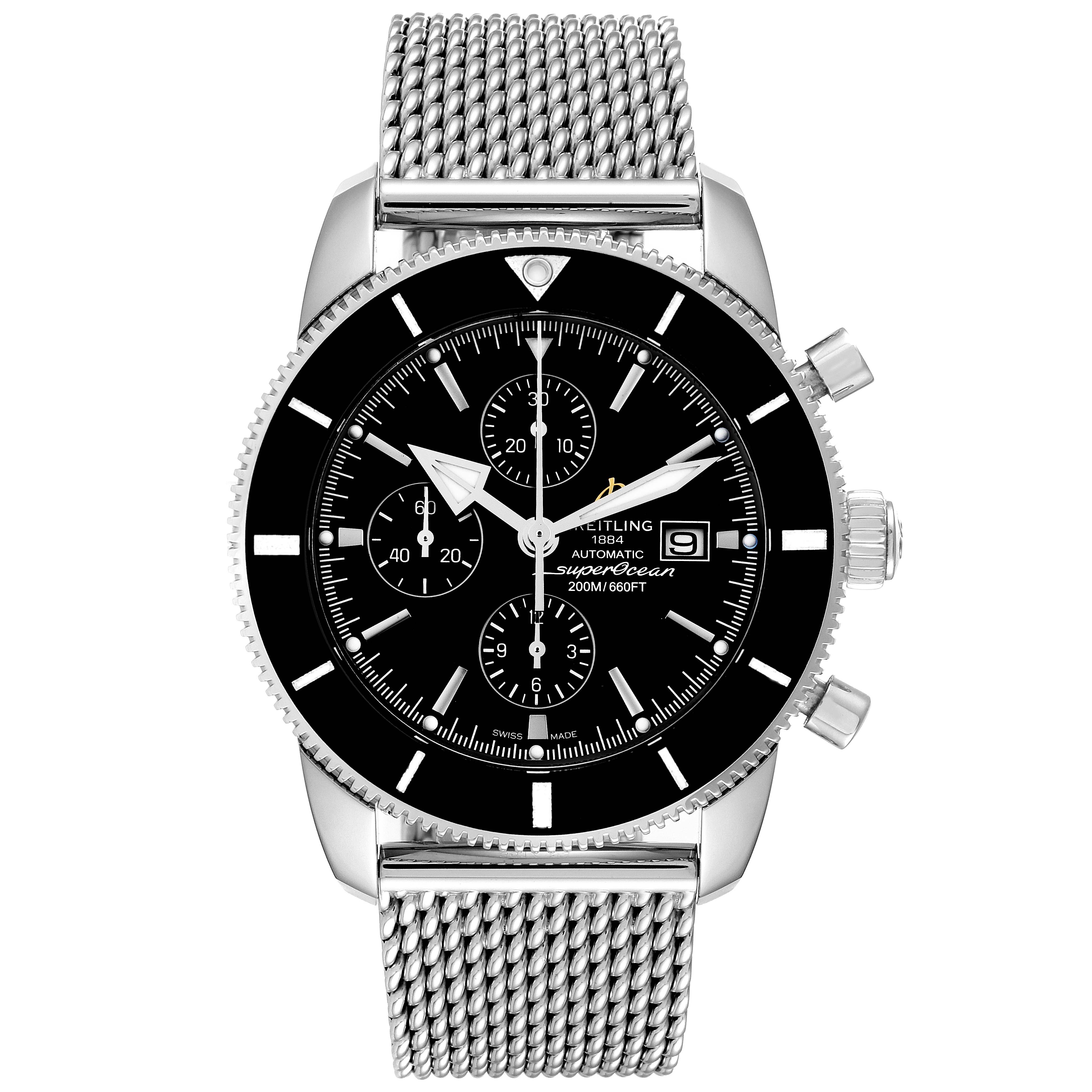 The Breitling Superocean A13312 Men's Stainless Steel Black Dial A13312 Men's Stainless Steel Black Dial watch is shown from a front angle, displaying its dial, case, crown, and metal mesh strap.