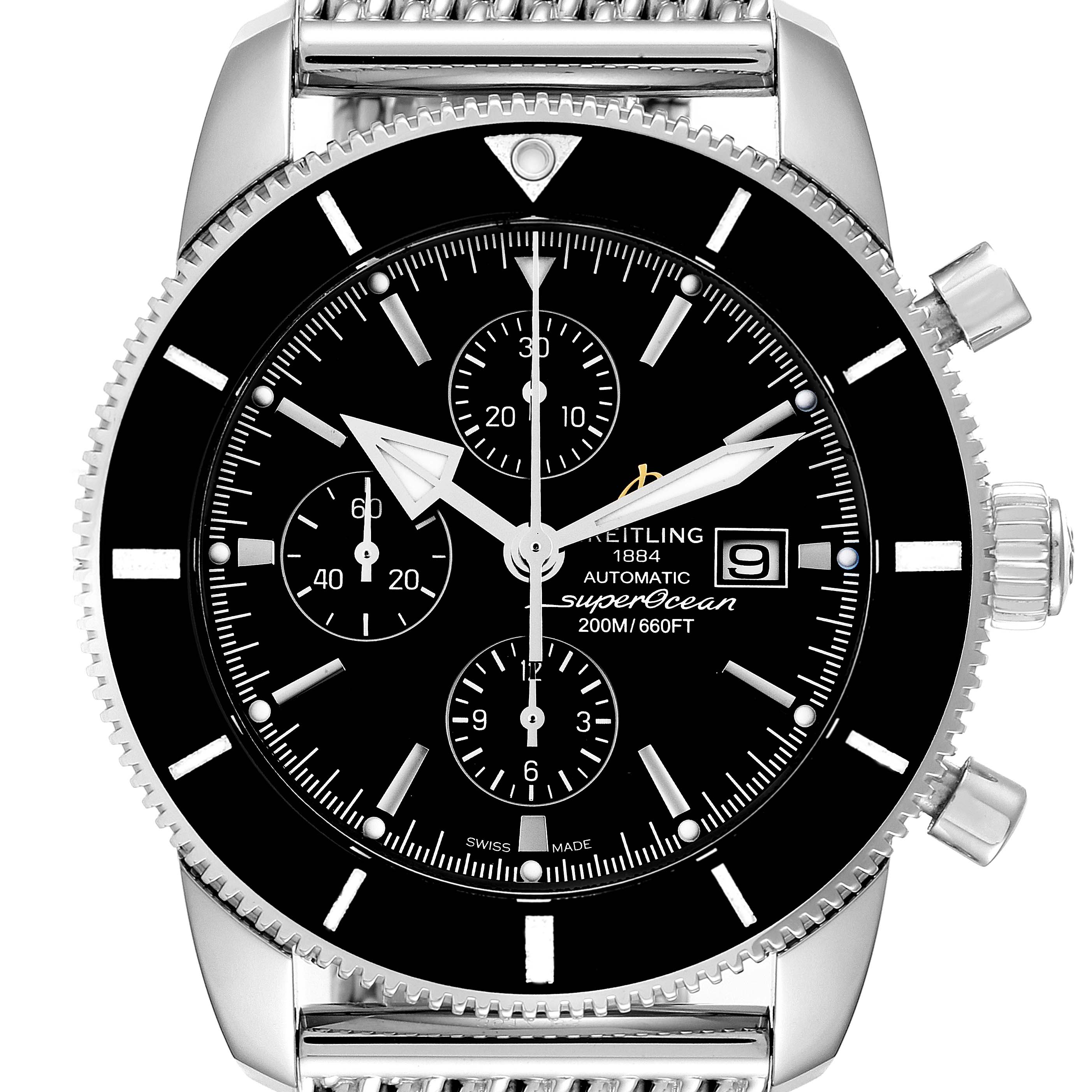 The image shows a front view of the Breitling Superocean A13312 Men's Stainless Steel Black Dial A13312 Men's Stainless Steel Black Dial watch, highlighting the dial, chronograph sub-dials, bezel, and crown.