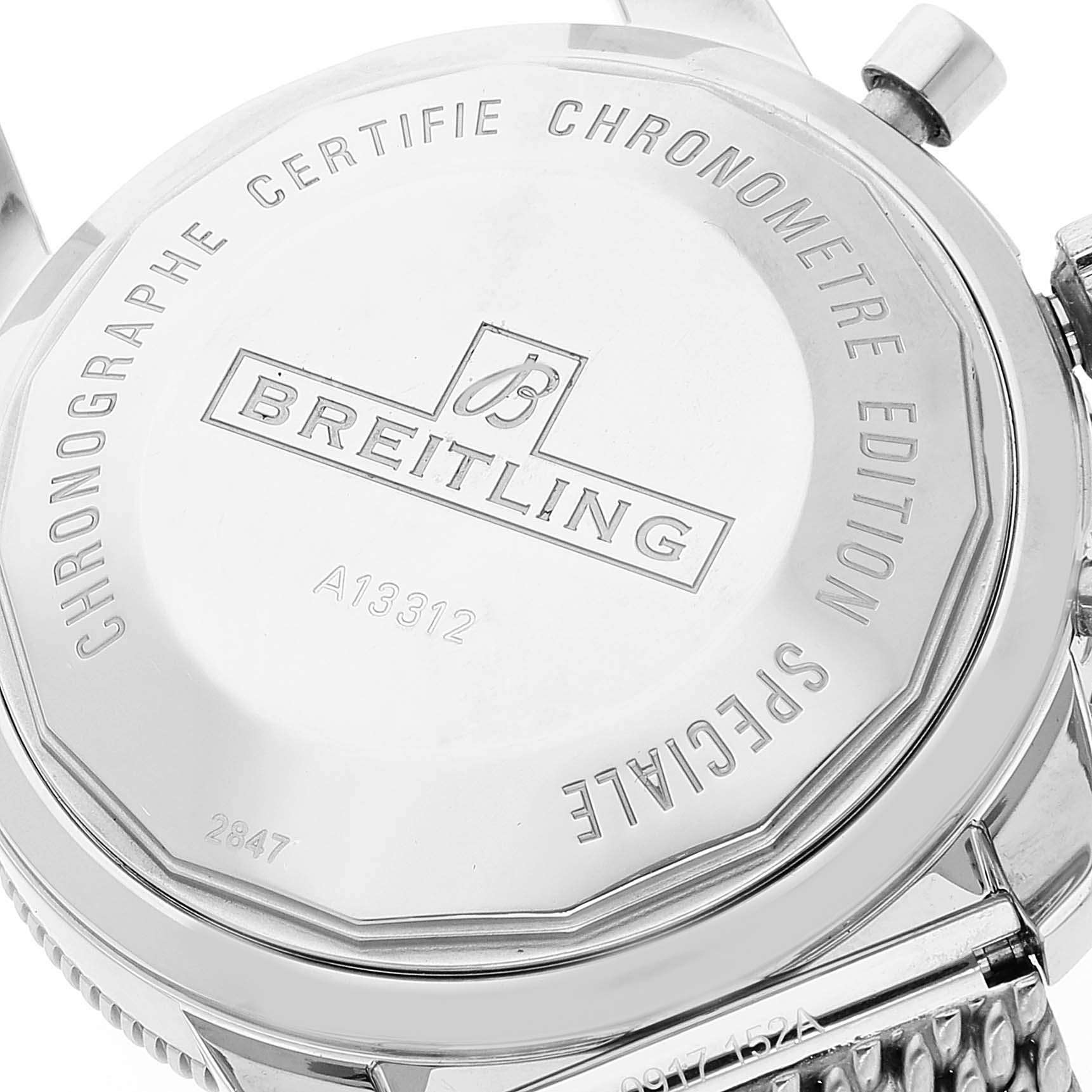The image shows the back of a Breitling Superocean A13312 Men's Stainless Steel Black Dial A13312 Men's Stainless Steel Black Dial watch, highlighting the brand's engraving and model details.
