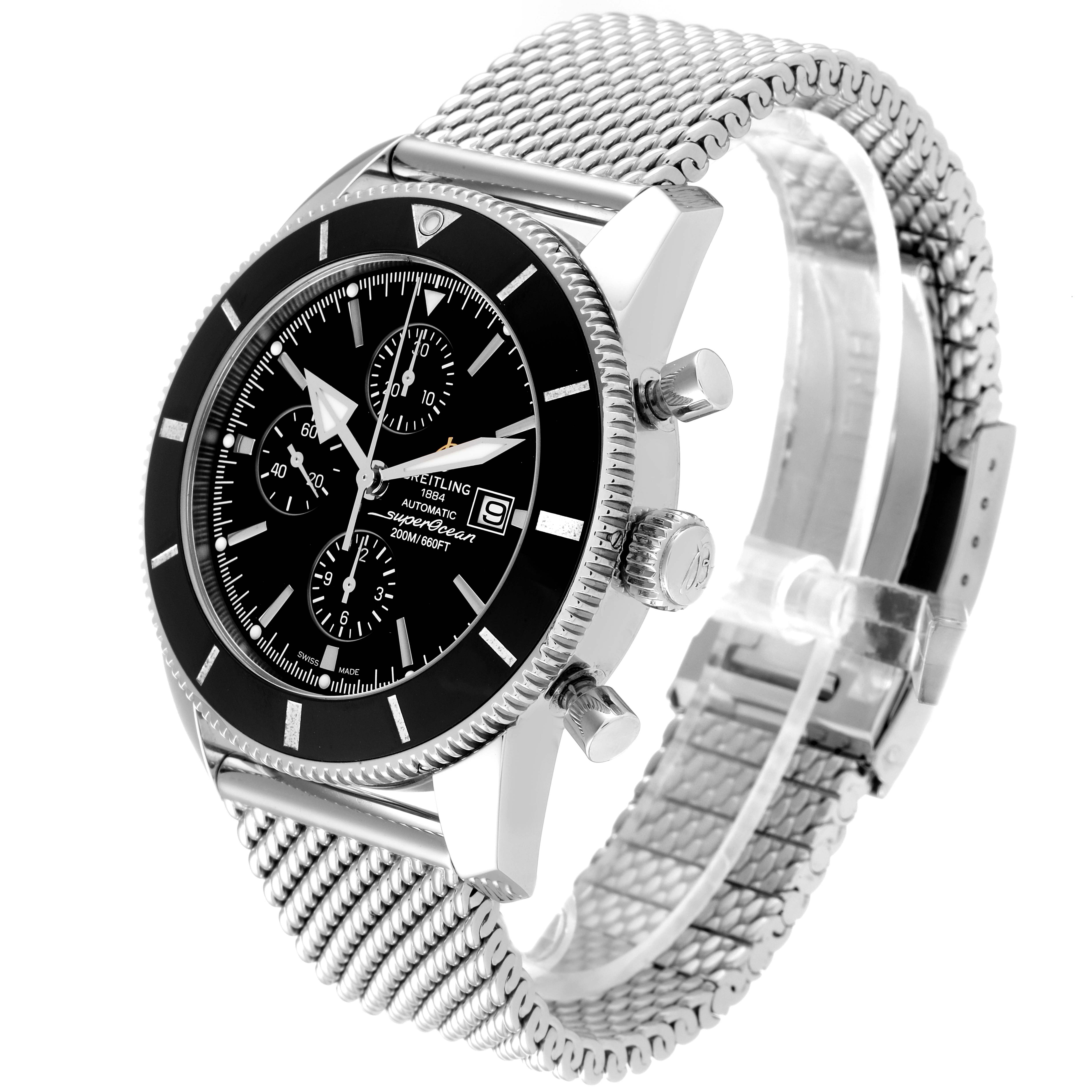 This Breitling Superocean A13312 Men's Stainless Steel Black Dial A13312 Men's Stainless Steel Black Dial watch is shown at a three-quarter angle, displaying its face, bezel, side pushers, and mesh bracelet.