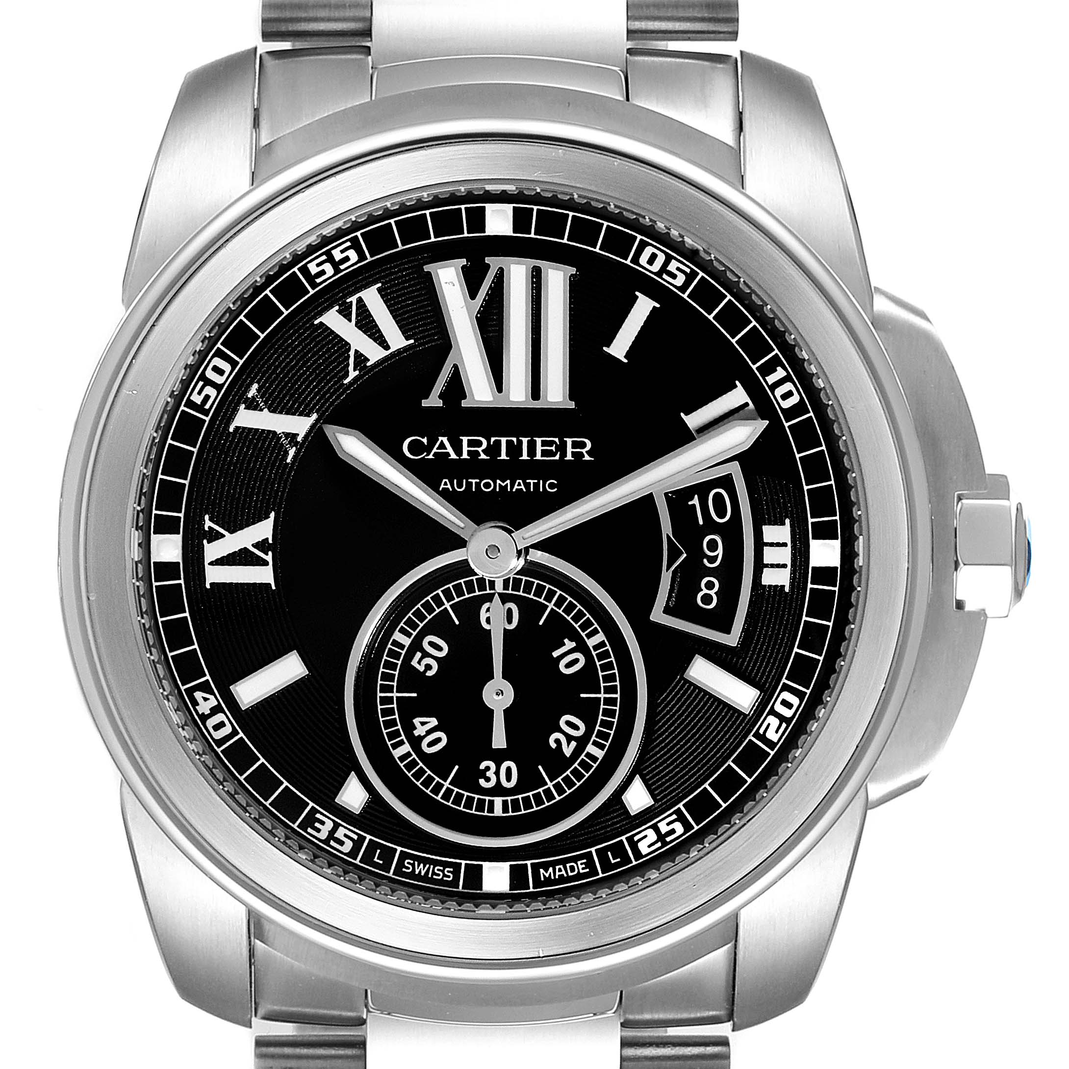 The image shows a front view of a Calibre de Cartier watch by Cartier, displaying the dial, hands, and part of the bracelet.