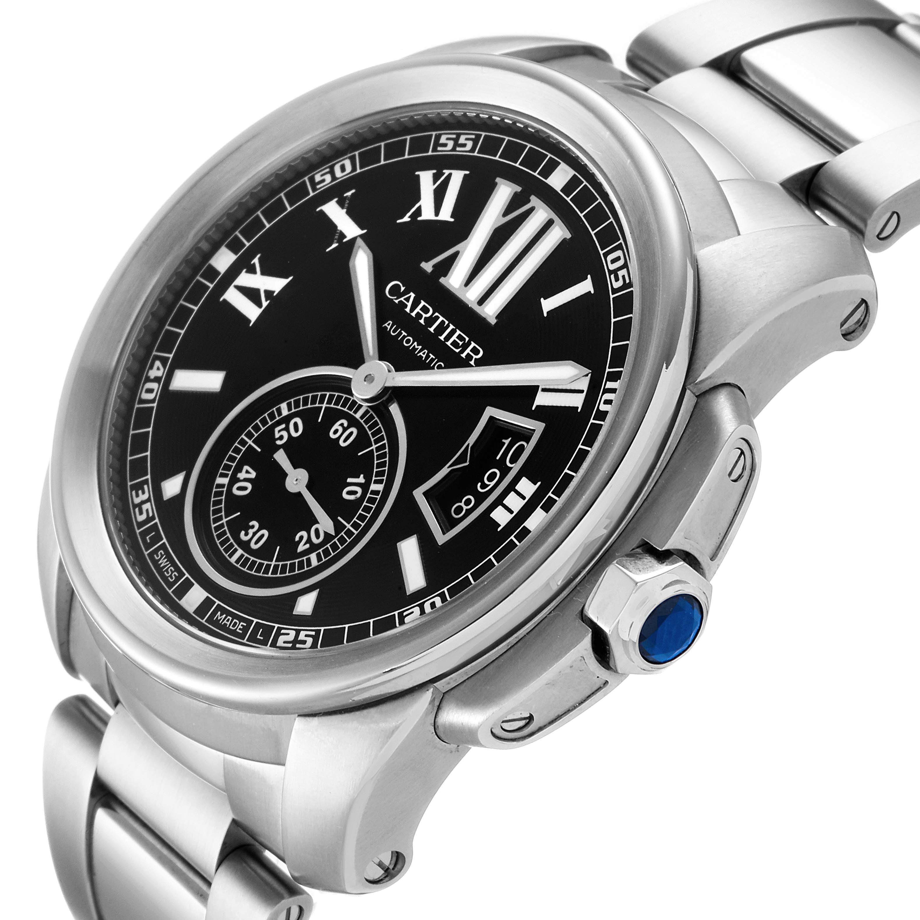 The image shows a Calibre de Cartier watch by Cartier from a three-quarter angle, highlighting the face, crown, and part of the bracelet.