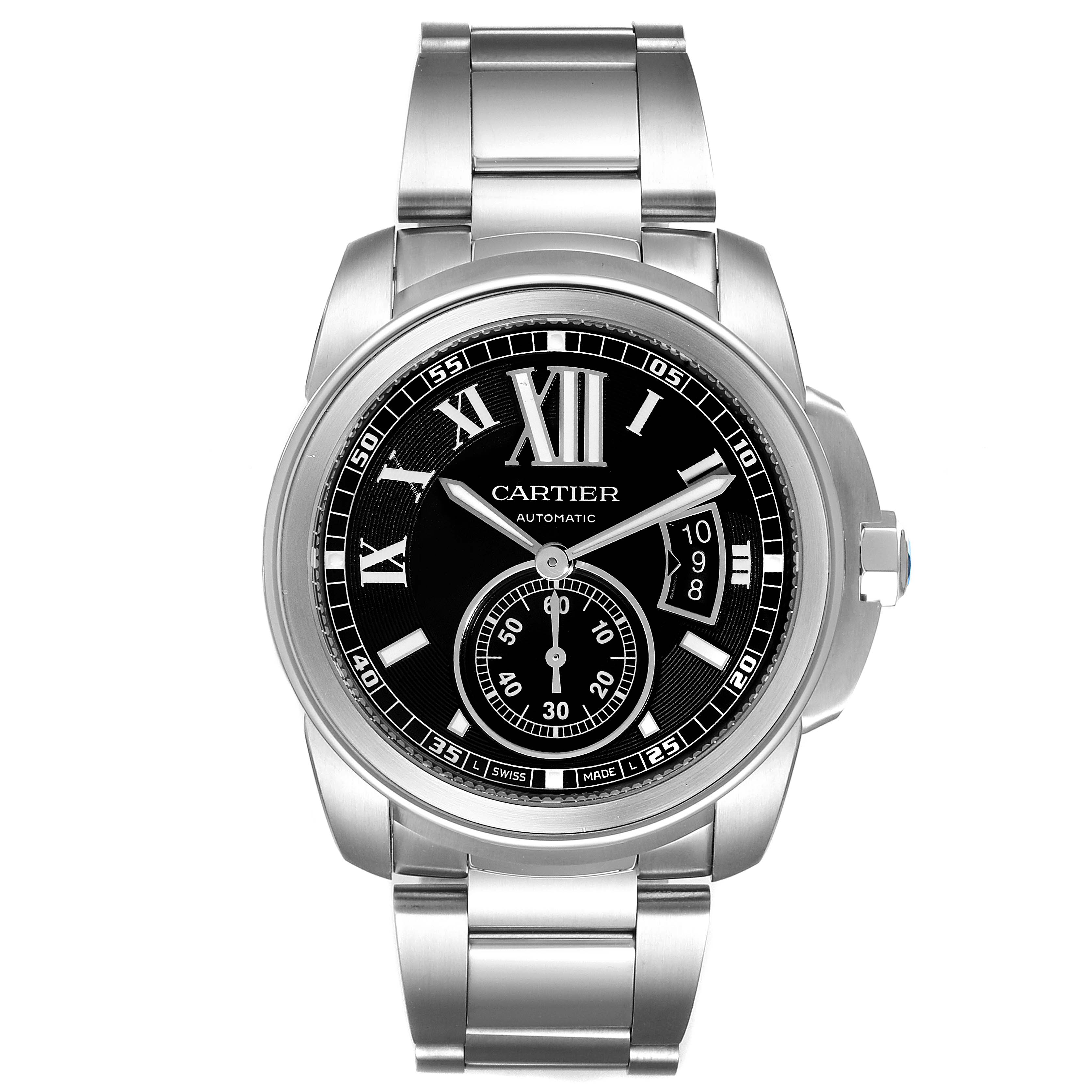 This is a front view of the Calibre de Cartier watch by Cartier, showcasing the dial, bezel, and metal bracelet.