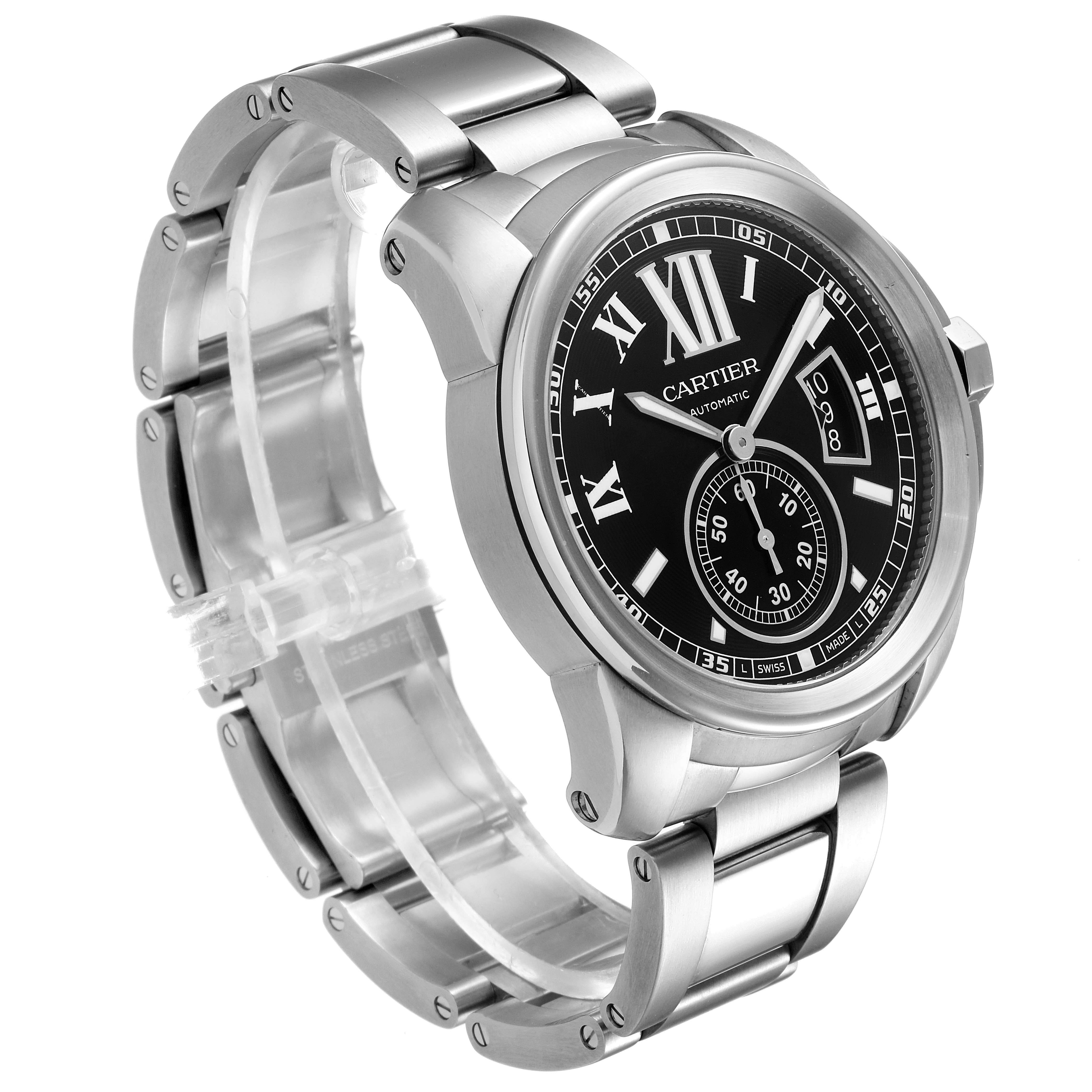 The image shows a side-angle view of the Calibre de Cartier watch by Cartier, highlighting the face, bezel, bracelet, and clasp.