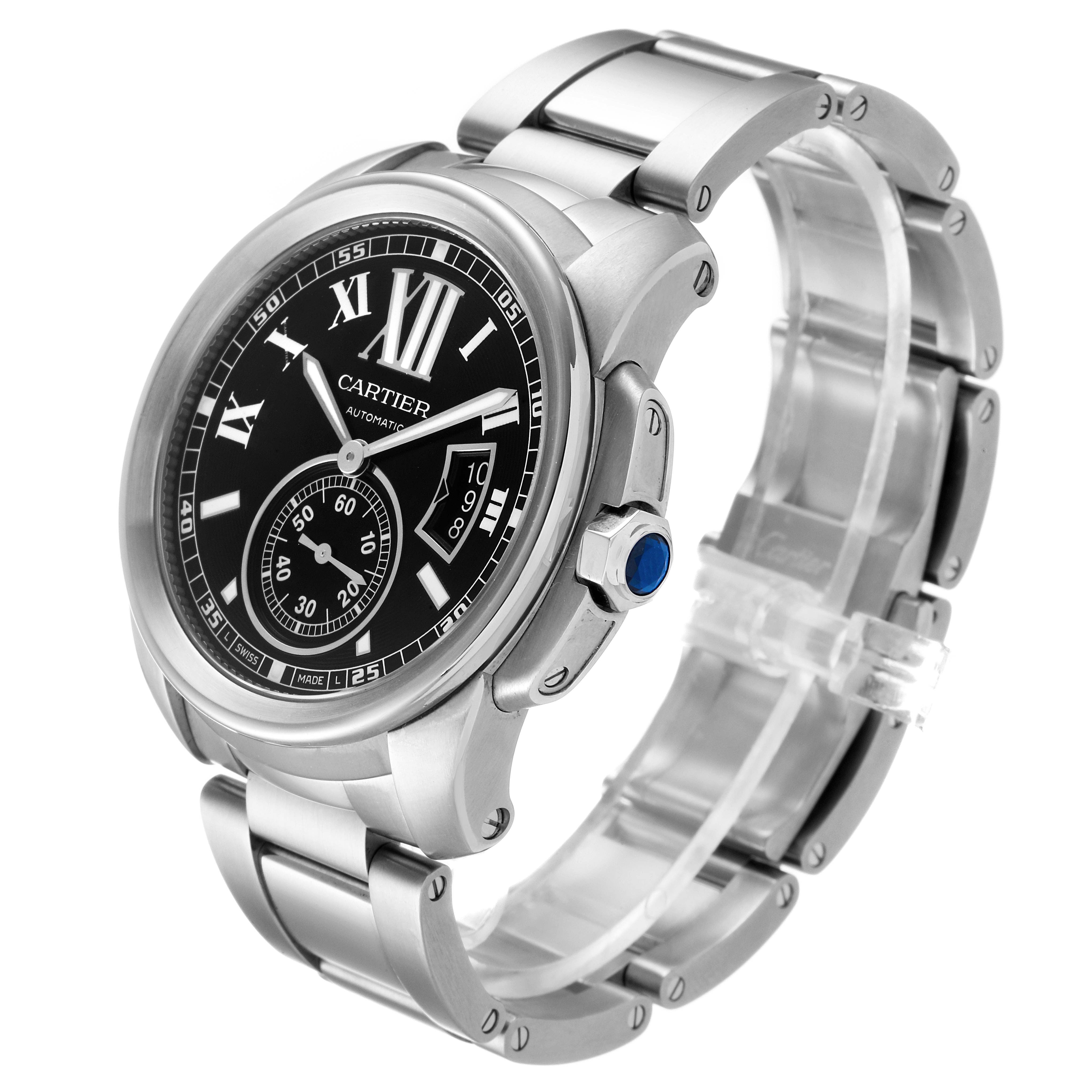 This image shows a front-side angle of the Calibre de Cartier watch by Cartier, highlighting its face, bezel, crown, and bracelet.