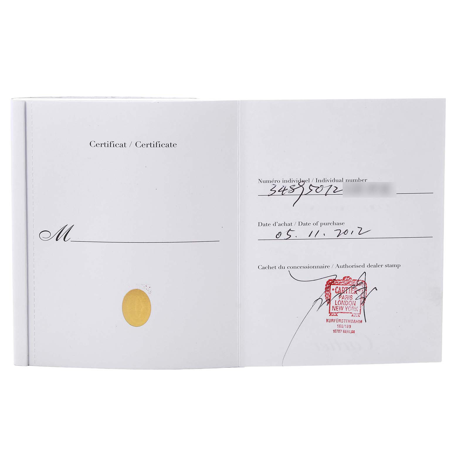 The image shows the certificate for a Cartier Ballon Bleu WE902074 Women's Stainless Steel Silver Dial watch, including the purchase date and dealer stamp.