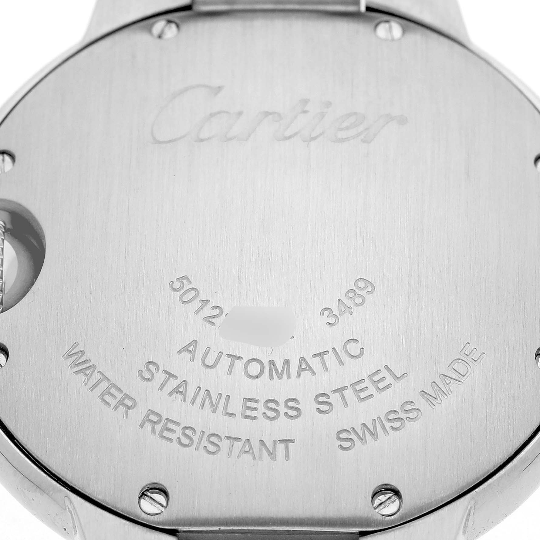 The image shows the back case of a Cartier Ballon Bleu WE902074 Women's Stainless Steel Silver Dial watch, highlighting engravings and materials.