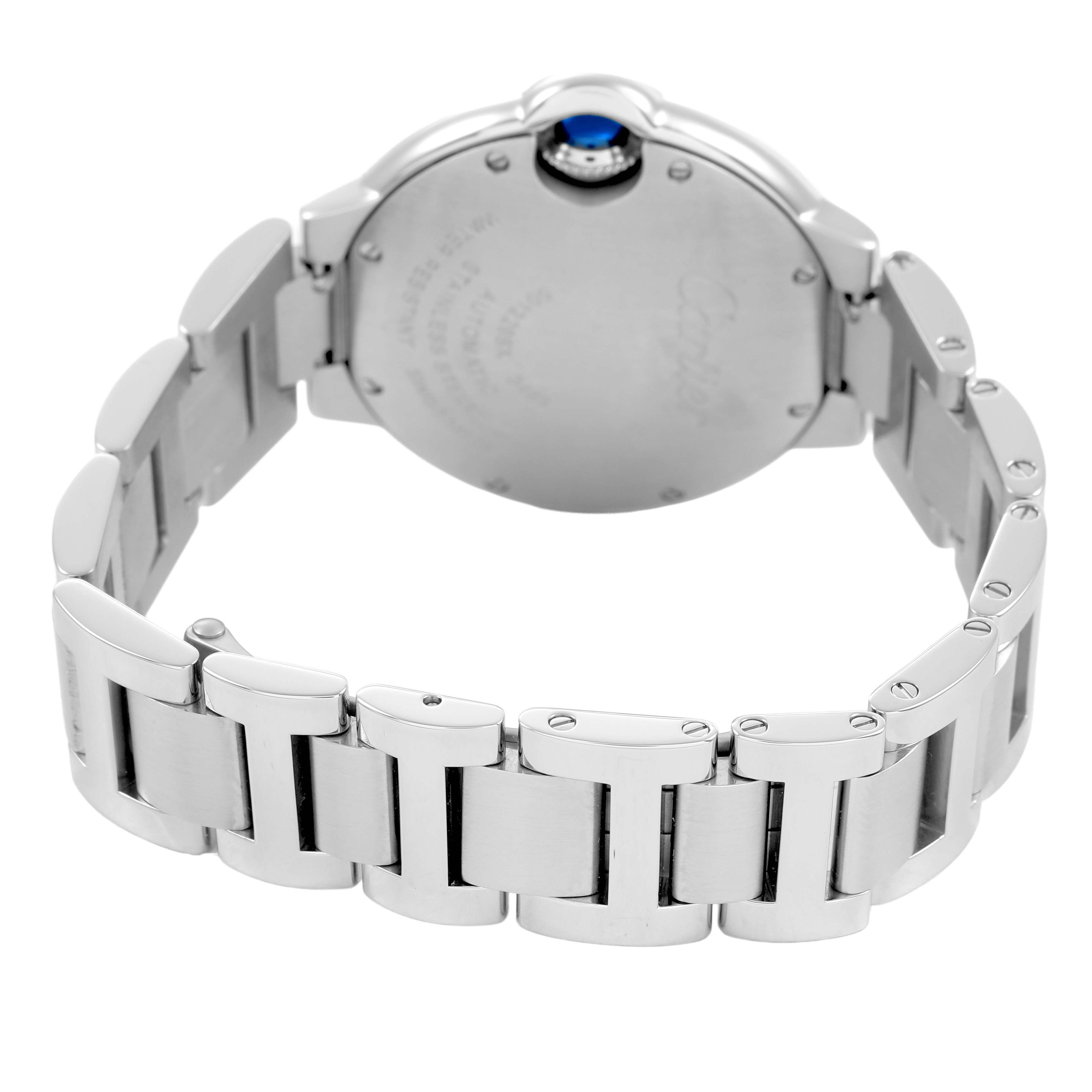The image shows the back view of a Cartier Ballon Bleu WE902074 Women's Stainless Steel Silver Dial watch, highlighting the bracelet and case back.