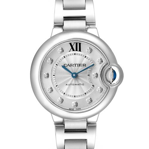 The Cartier Ballon Bleu WE902074 Women's Stainless Steel Silver Dial watch is shown from the front, highlighting the face, blue hands, diamond markers, and unique crown.