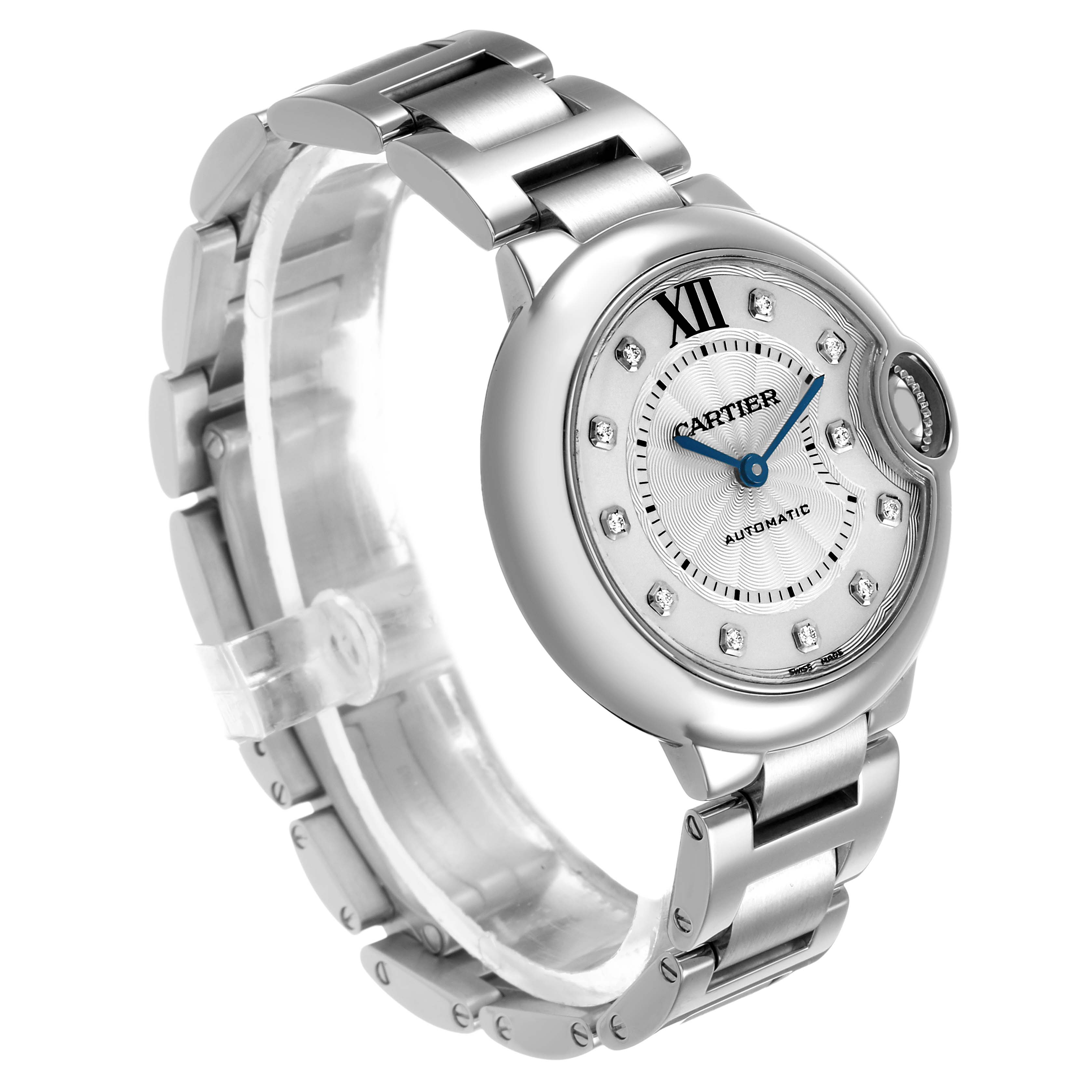 The Cartier Ballon Bleu WE902074 Women's Stainless Steel Silver Dial watch is shown at a side angle, highlighting its silver bracelet, round case, and blue hands.