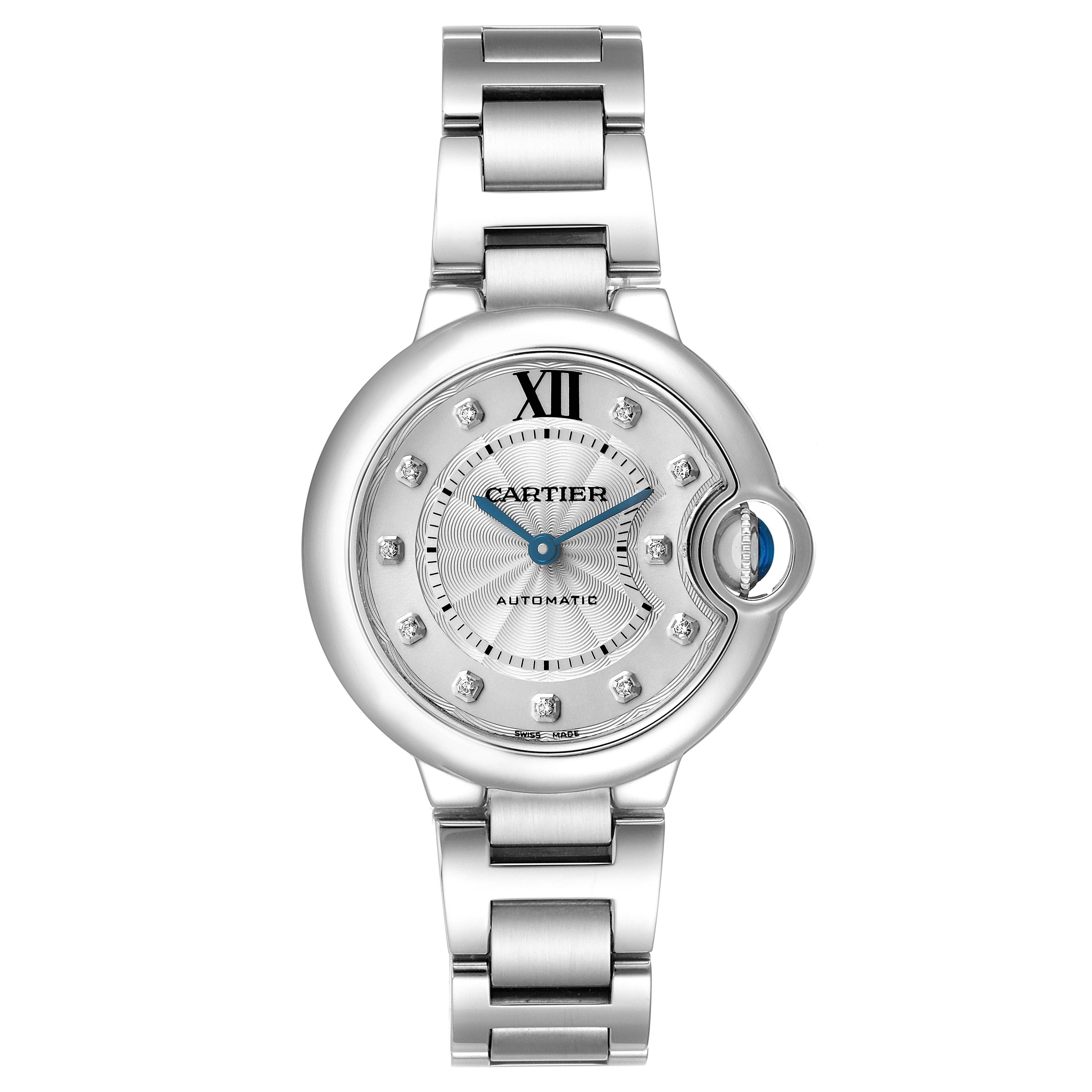 The Cartier Ballon Bleu WE902074 Women's Stainless Steel Silver Dial watch is shown from a top-down angle, displaying the dial, case, and bracelet.