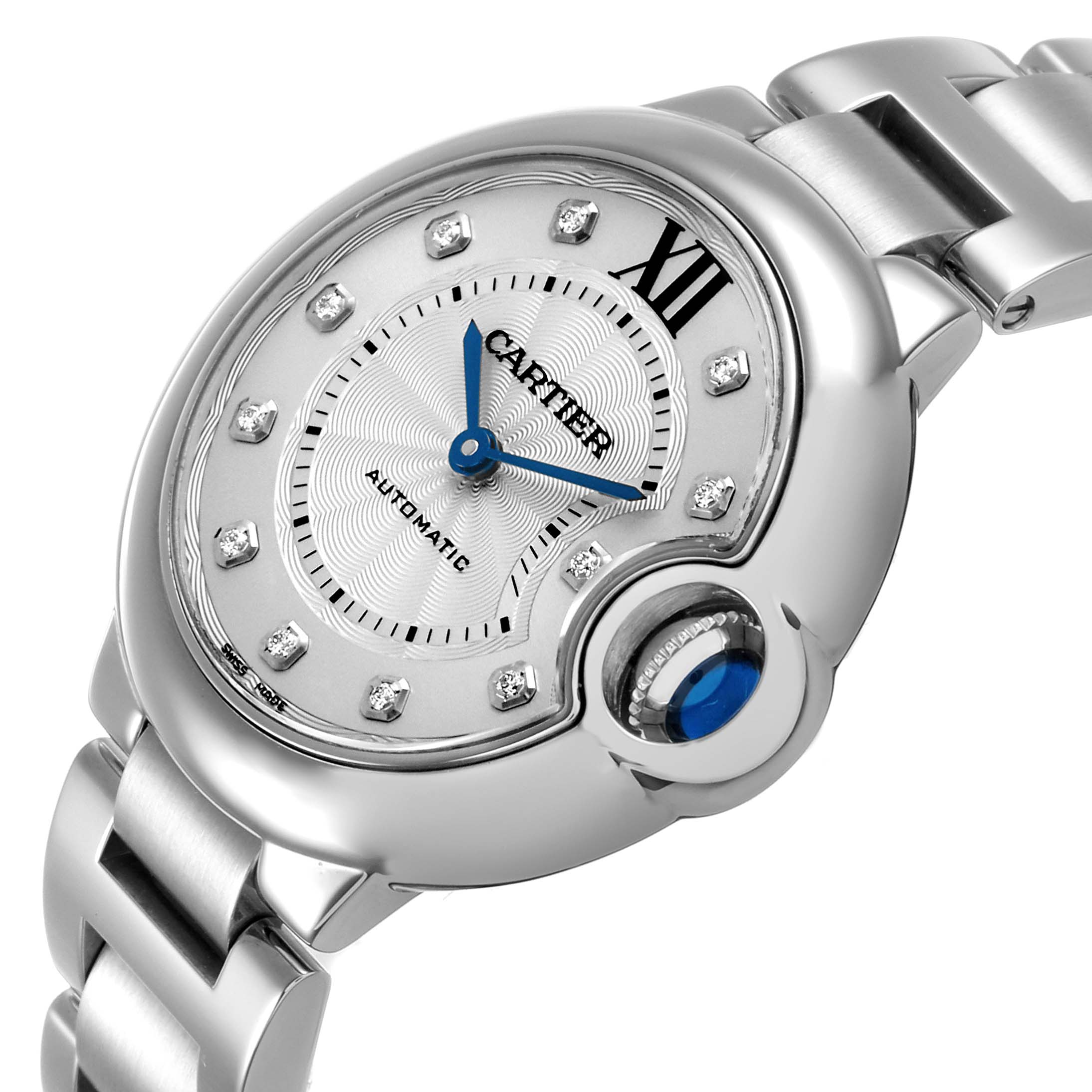 The Cartier Ballon Bleu WE902074 Women's Stainless Steel Silver Dial watch is shown at a slight angle, highlighting the dial, crown, and bracelet.