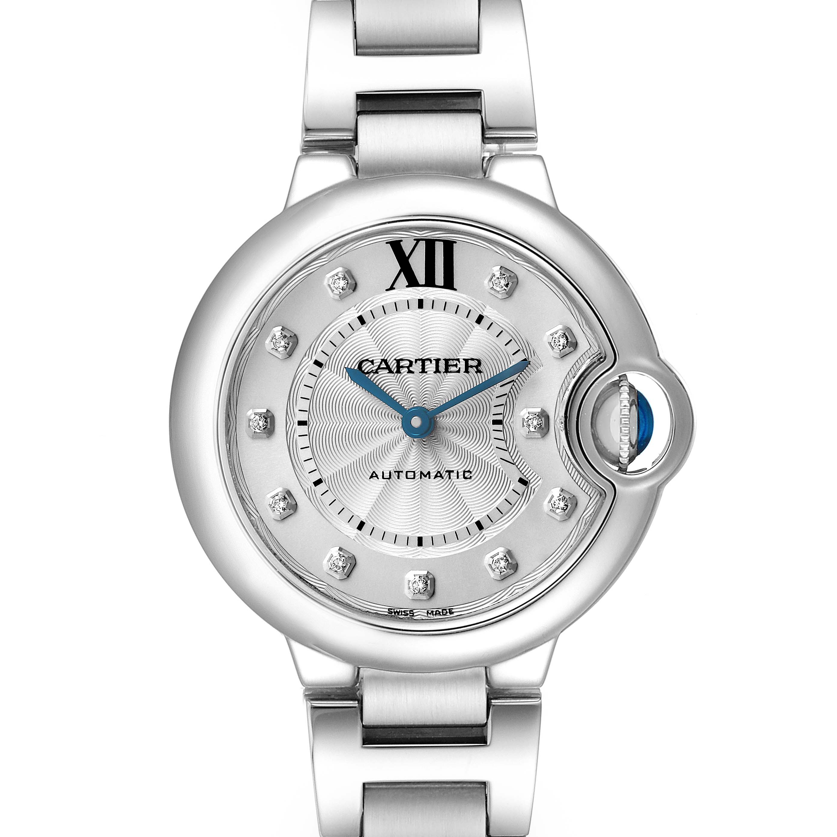 The Cartier Ballon Bleu WE902074 Women's Stainless Steel Silver Dial watch is shown from a frontal angle highlighting the dial, crown, and bracelet.